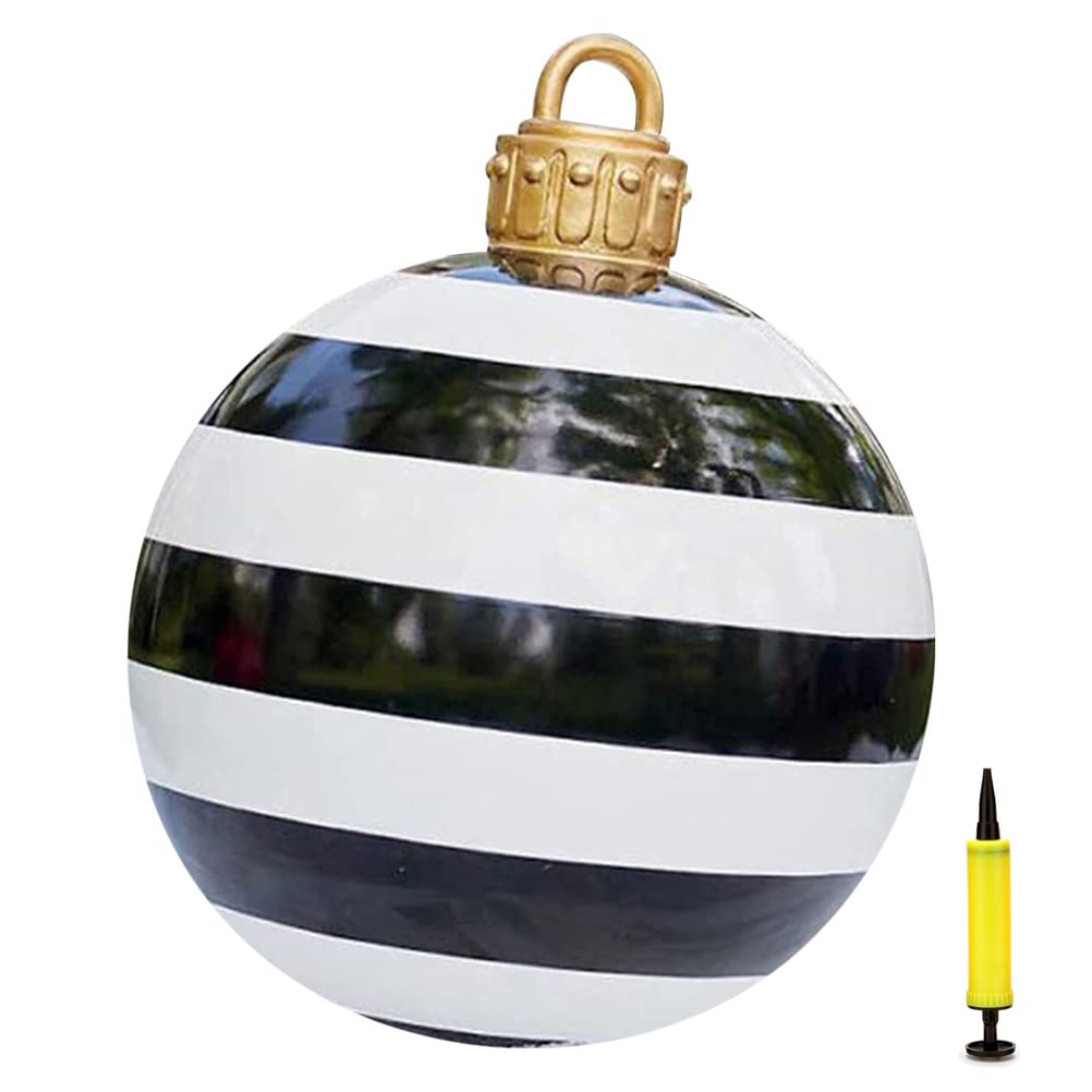 Ariarly Giant 23.6 inch Christmas Inflatable Ball with Pump, Black and White Stripes, Weather Resistant PVC Balloon, for Indoor/Outdoor Decor