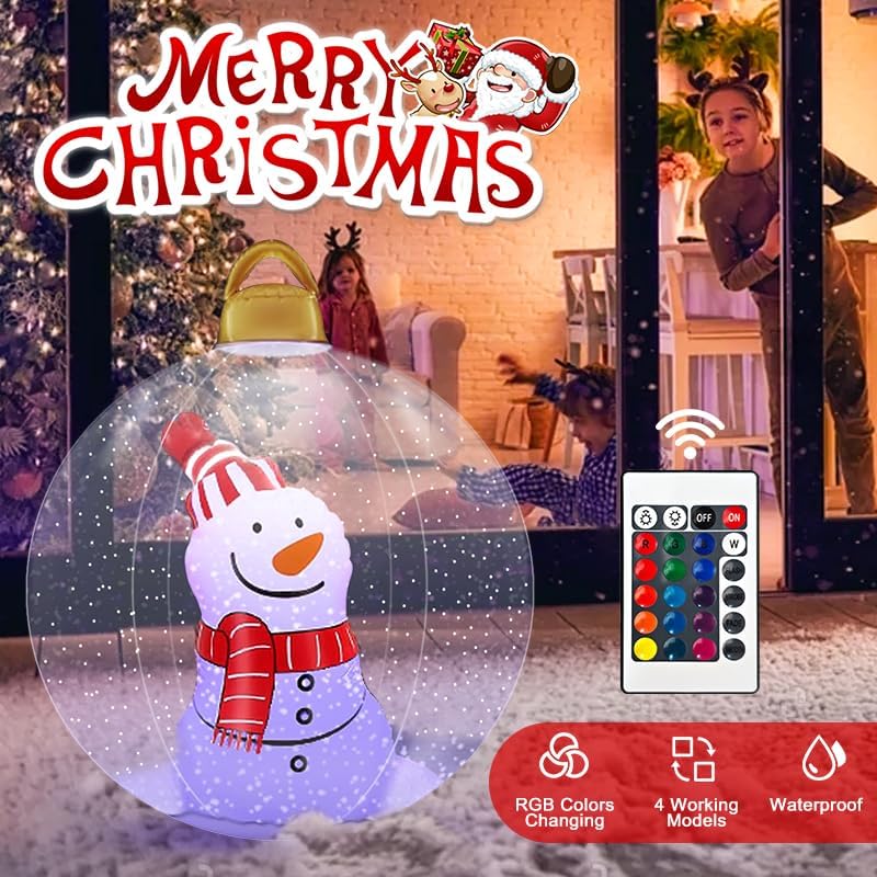 24 Inch Inflatable Christmas Decorated Ball Ornament Giant Inflatable Snow Globe Outside Christmas Decorations, Xmas Blow Up Ball Decorations for Outside Holiday Yard Lawn Decor (Snowman)