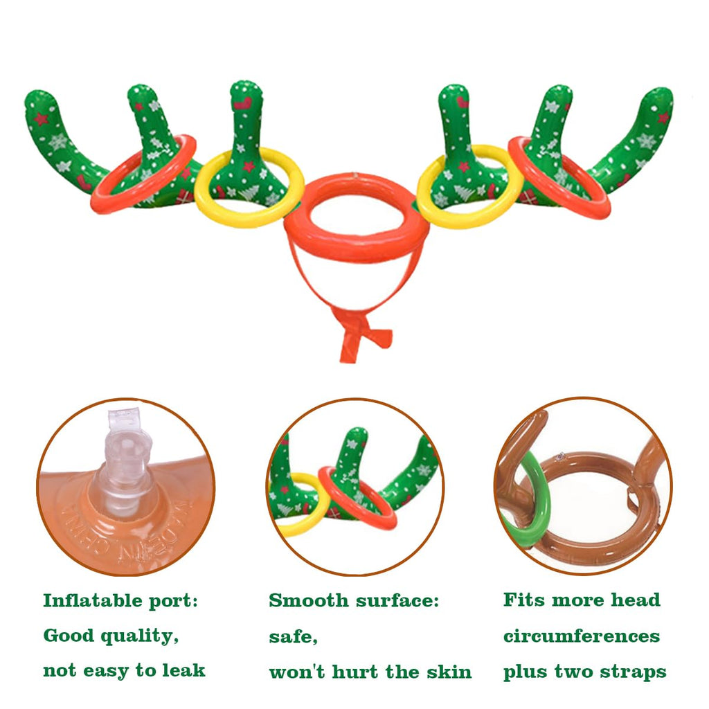 2 Set Inflatable Reindeer Antler Ring Toss Game, 2025 Christmas Party Games for Family, Xmas Party Antler Hat Games for Indoor Outdoor (2 Antlers 8 Rings 1 Pump)