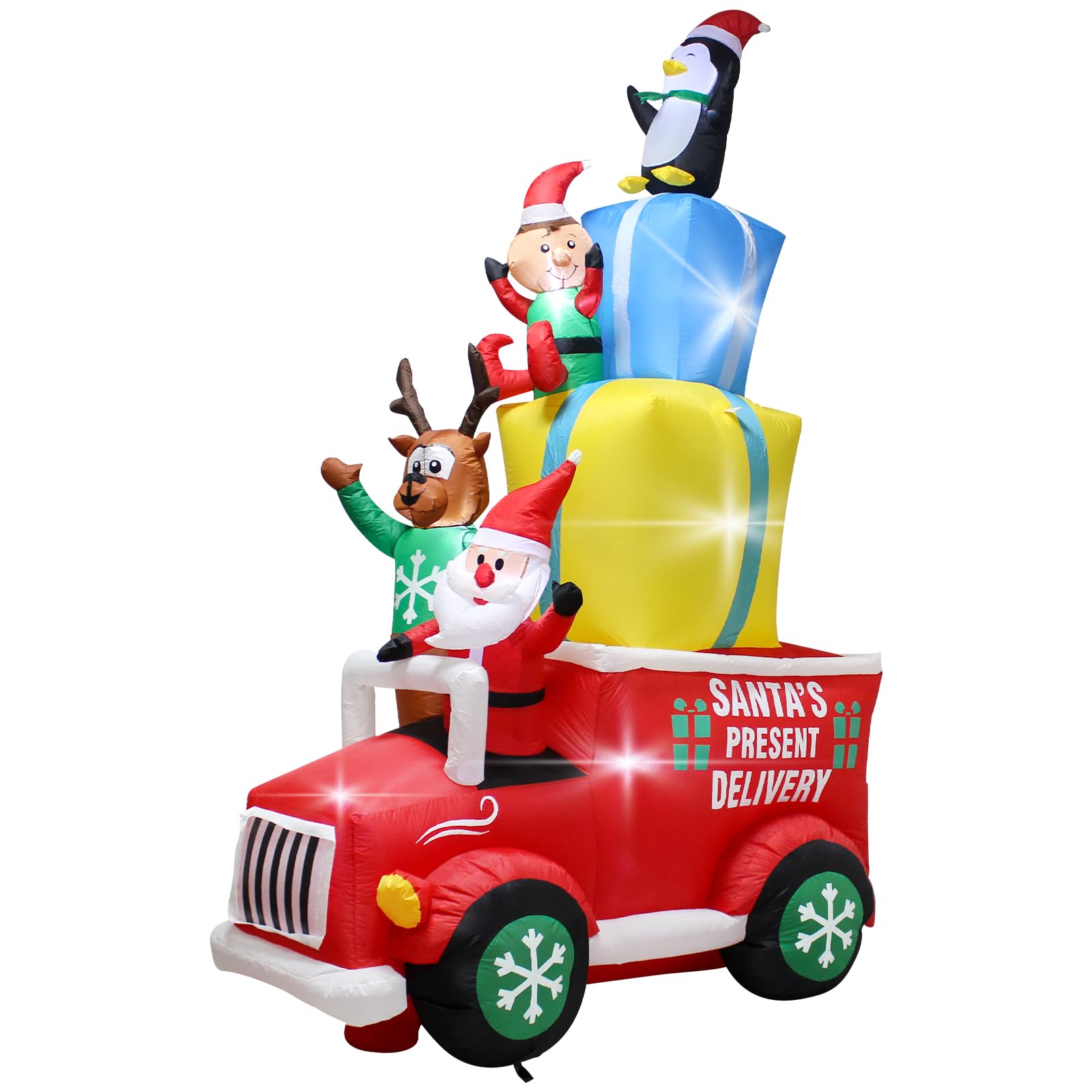 9FT Christmas Car Inflatable Outdoor Decoration with LED Lights,Blow up Penguin Santa Deer Elf and Presents on The Car,Christmas Holiday Outdoor Indoor Lighted Decoration