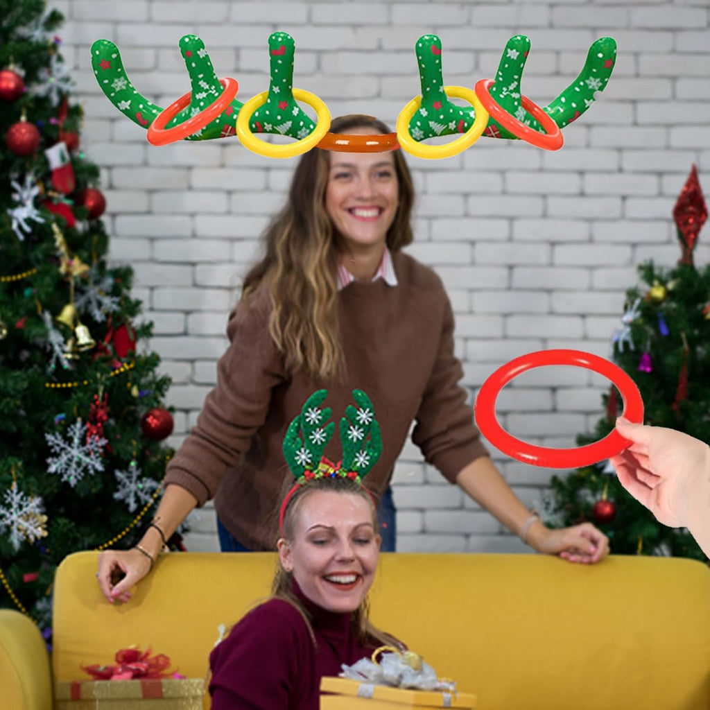 2 Set Inflatable Reindeer Antler Ring Toss Game, 2025 Christmas Party Games for Family, Xmas Party Antler Hat Games for Indoor Outdoor (2 Antlers 8 Rings 1 Pump)