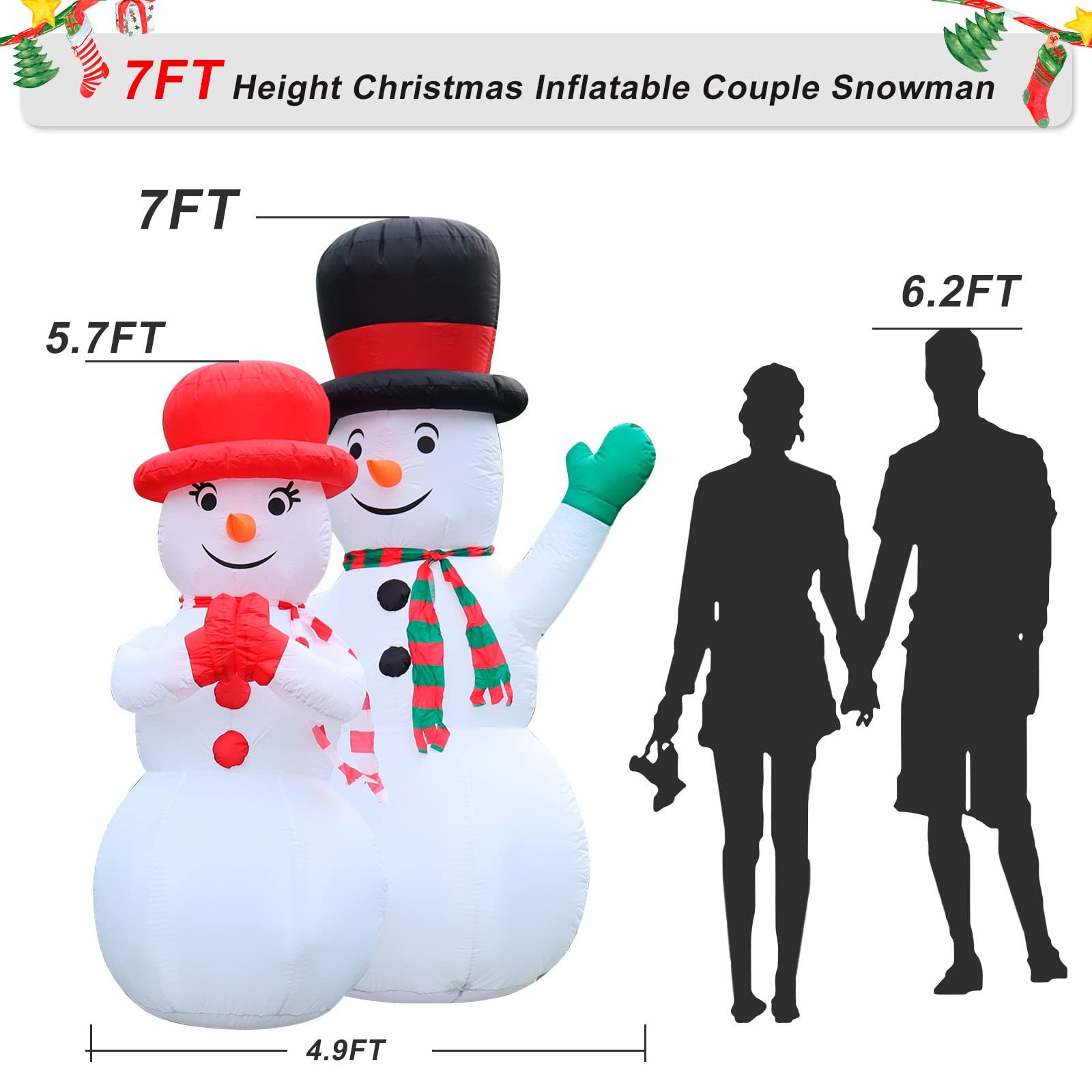 FirstE 7 FT Christmas Inflatables Snowman, Giant Christmas Blow Up Snowman Couple Built-in Rotating Colorful LED Light and Red Light, Wear Magic Hats and Striped Scarfs, Decor for Indoor, Yard, Lawn