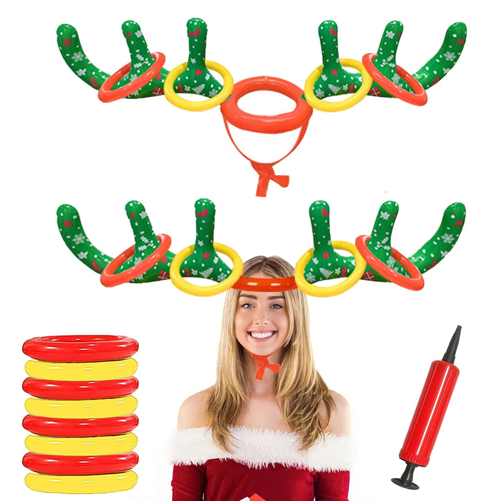 2 Set Inflatable Reindeer Antler Ring Toss Game, 2025 Christmas Party Games for Family, Xmas Party Antler Hat Games for Indoor Outdoor (2 Antlers 8 Rings 1 Pump)
