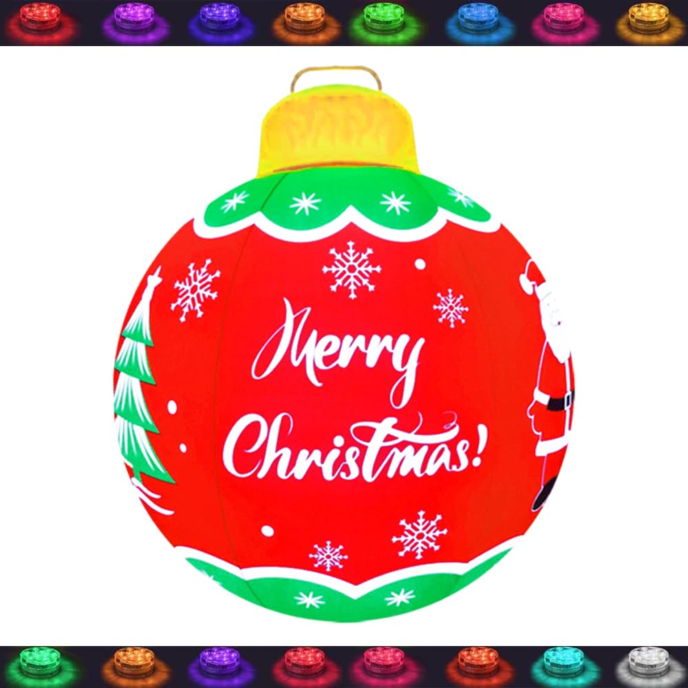 24 Inch Christmas Blow Up Inflatables PVC Light Ball for Home Yard Lawn Pool Decorations Festive Gift Large Outdoor Decorated Merry Christmas Giant Ball with Light and Remote(Red,24In)