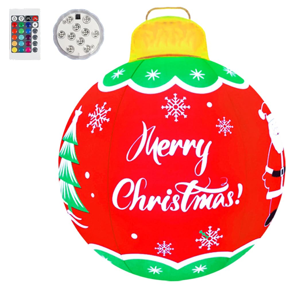 24 Inch Christmas Blow Up Inflatables PVC Light Ball for Home Yard Lawn Pool Decorations Festive Gift Large Outdoor Decorated Merry Christmas Giant Ball with Light and Remote(Red,24In)
