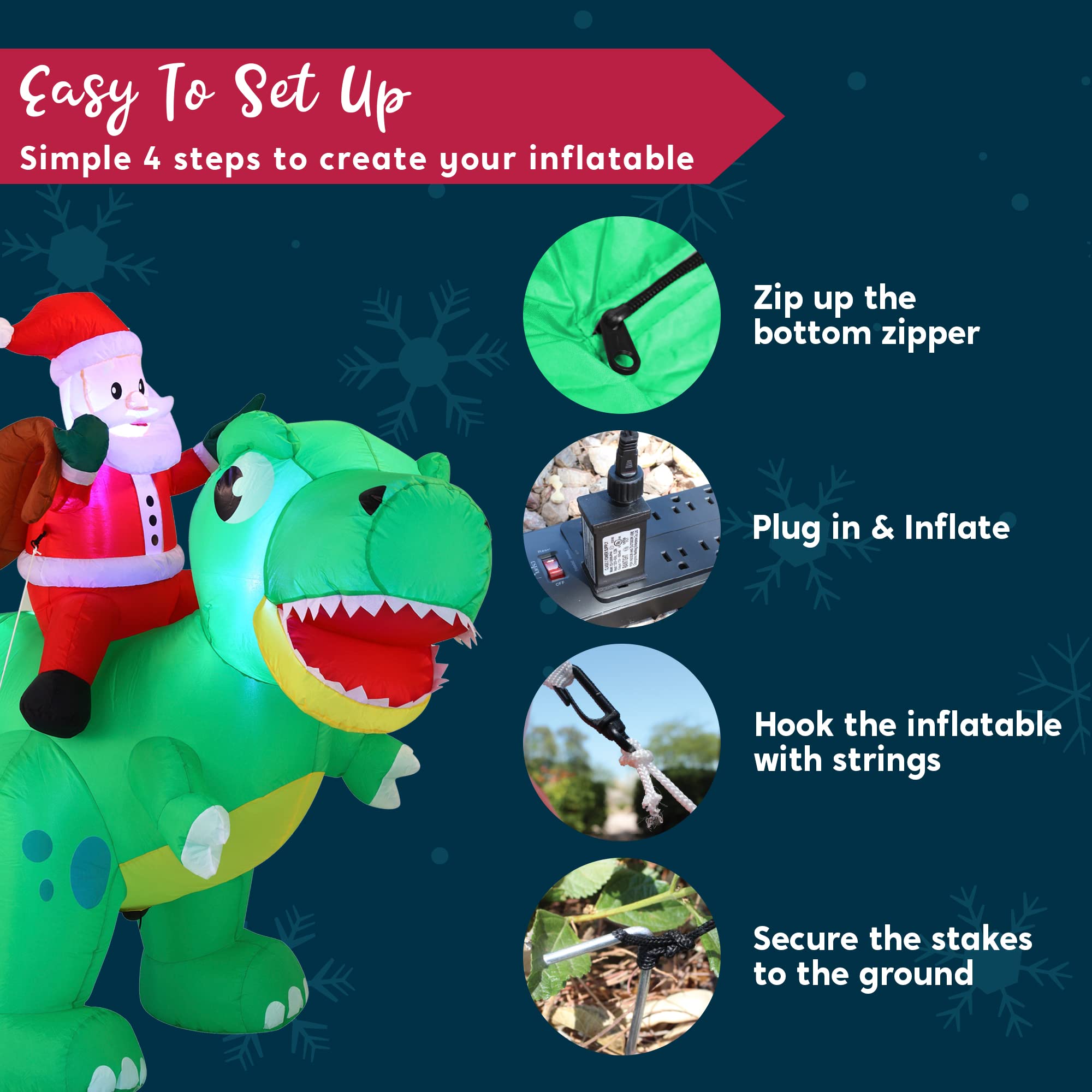 Joiedomi 6 FT Christmas Inflatable Dinosaur with Build-in LEDs, Blow Up Dinosaur with Santa for Christmas Inflatable Outdoor Decoration Xmas Party Indoor, Outdoor, Yard, Garden, Lawn Winter Décor