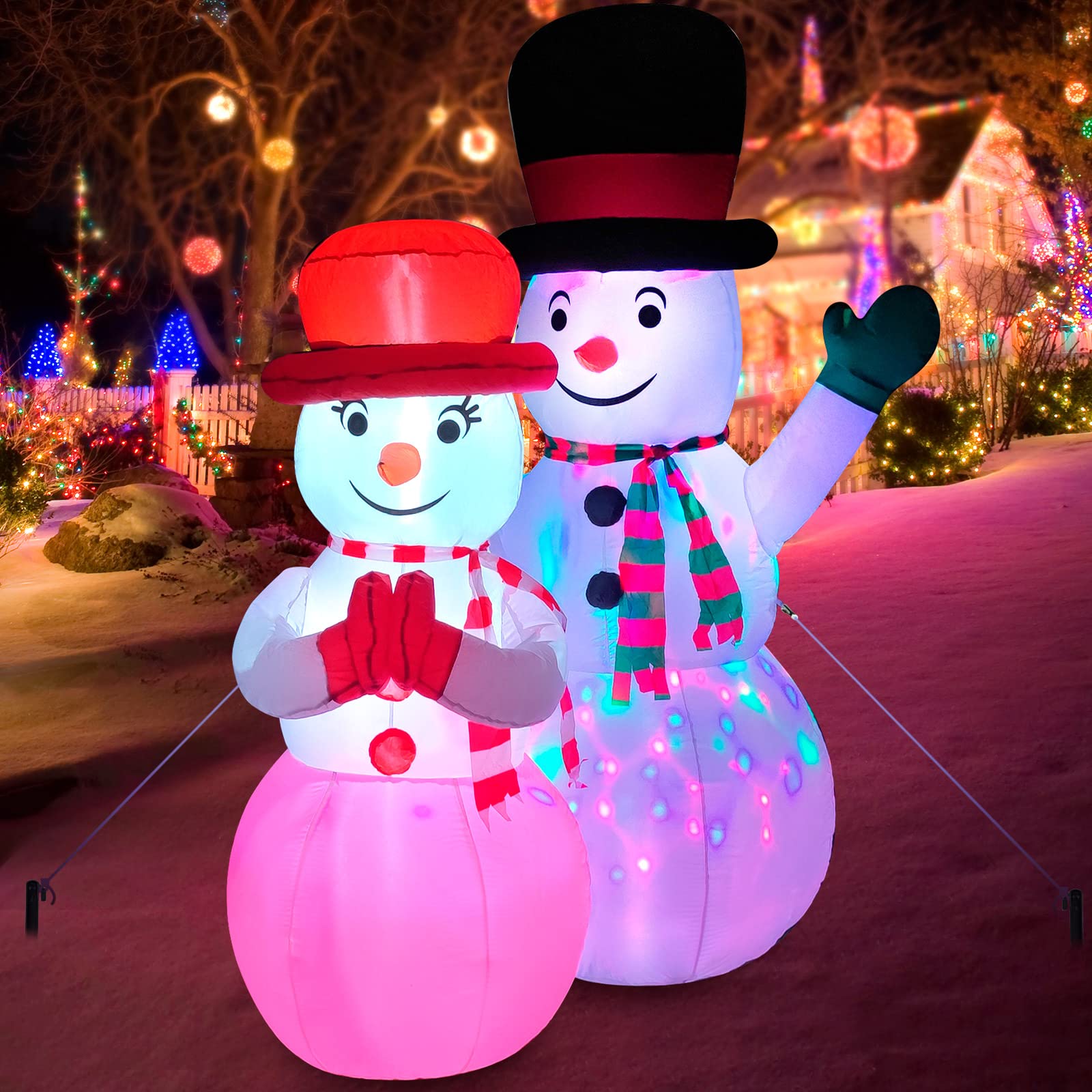 FirstE 7 FT Christmas Inflatables Snowman, Giant Christmas Blow Up Snowman Couple Built-in Rotating Colorful LED Light and Red Light, Wear Magic Hats and Striped Scarfs, Decor for Indoor, Yard, Lawn