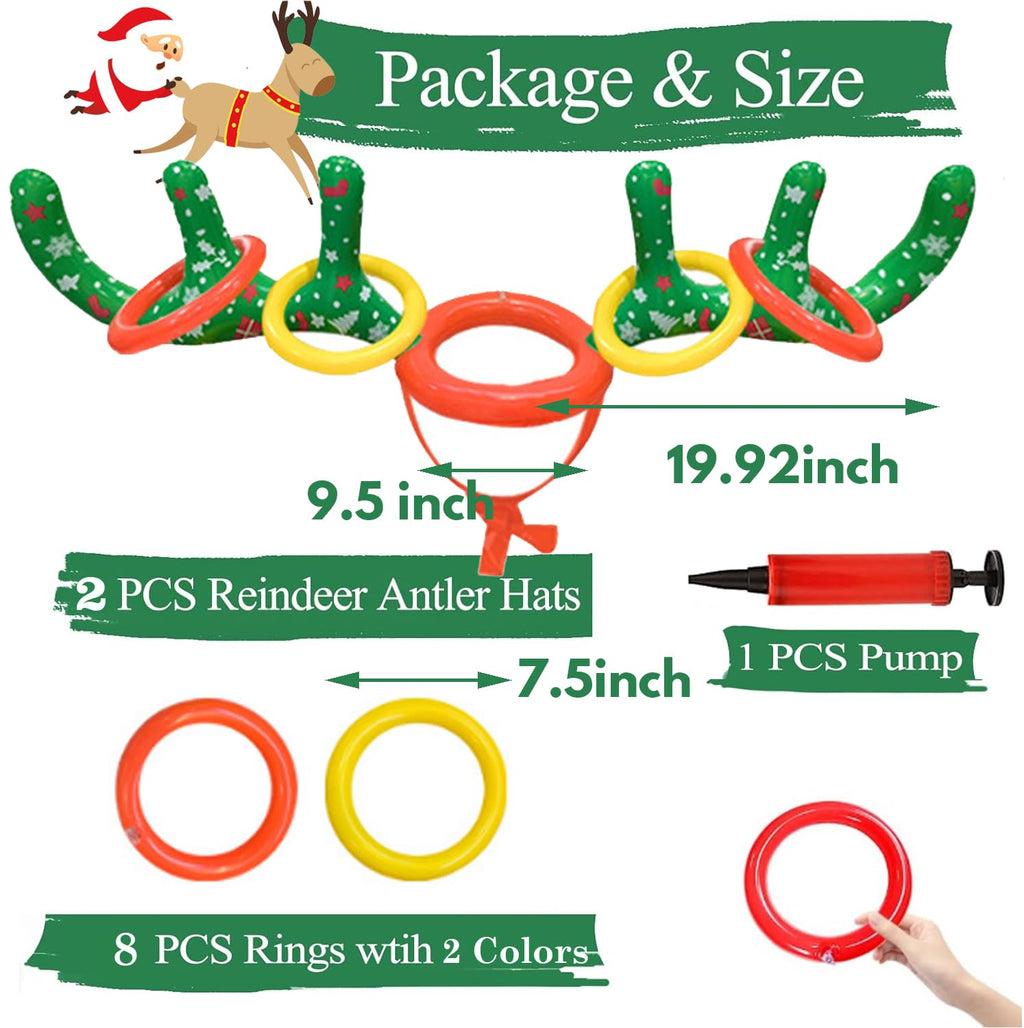 2 Set Inflatable Reindeer Antler Ring Toss Game, 2025 Christmas Party Games for Family, Xmas Party Antler Hat Games for Indoor Outdoor (2 Antlers 8 Rings 1 Pump)
