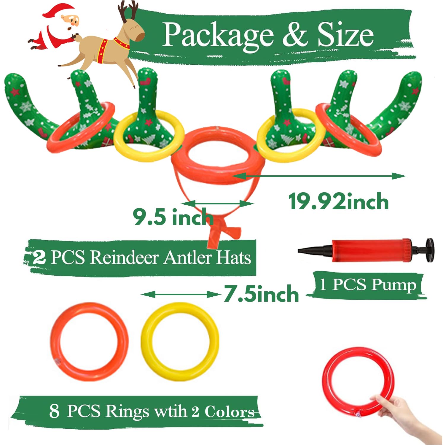 2 Set Inflatable Reindeer Antler Ring Toss Game, 2025 Christmas Party Games for Family, Xmas Party Antler Hat Games for Indoor Outdoor (2 Antlers 8 Rings 1 Pump)
