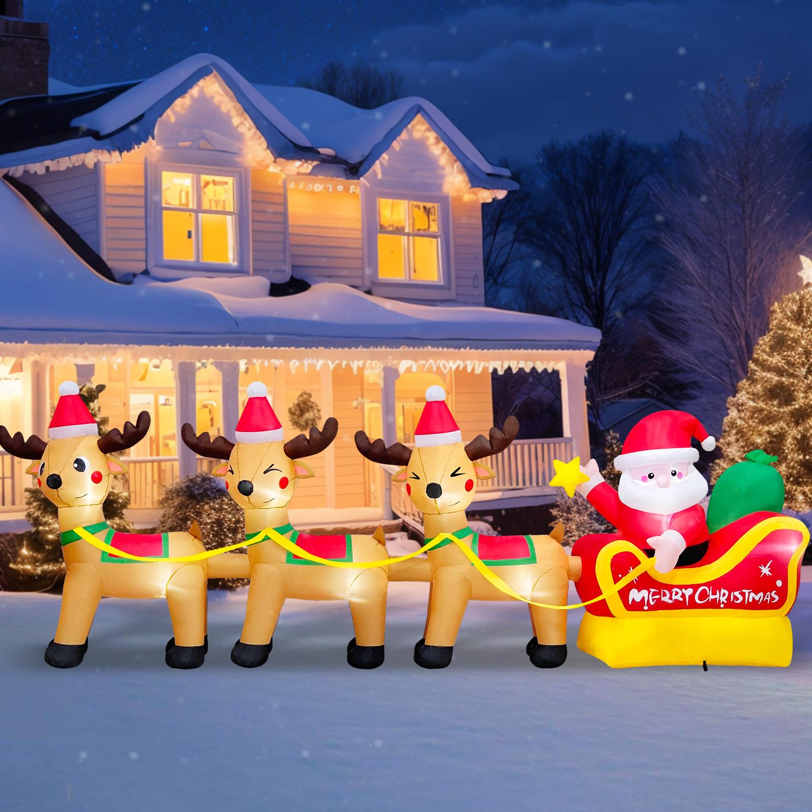 10 FT Long Chrismas Inflatable Santa Claus On Sleigh Pulled by 3 Reindeers Outdoor Decorations, Blow Up Yard Decoration Build in LEDs Lighted for Xmas Holiday Garden Lawn Patio Roof Décor