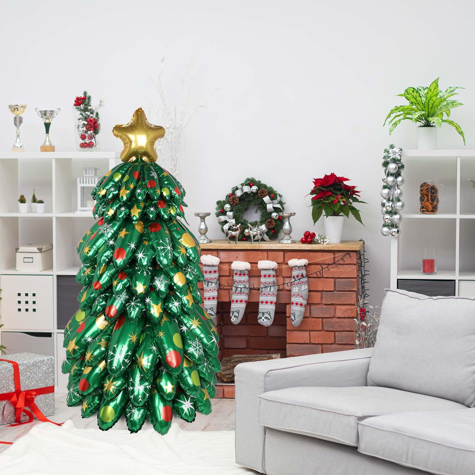 Inflatable Christmas Tree, 130cm/4.3ft Blow UP Christmas Tree Outdoor Decoration Holiday Foil Balloons for Xmas Holiday Party Patio Lawn Garden Home Decor Photo Prop