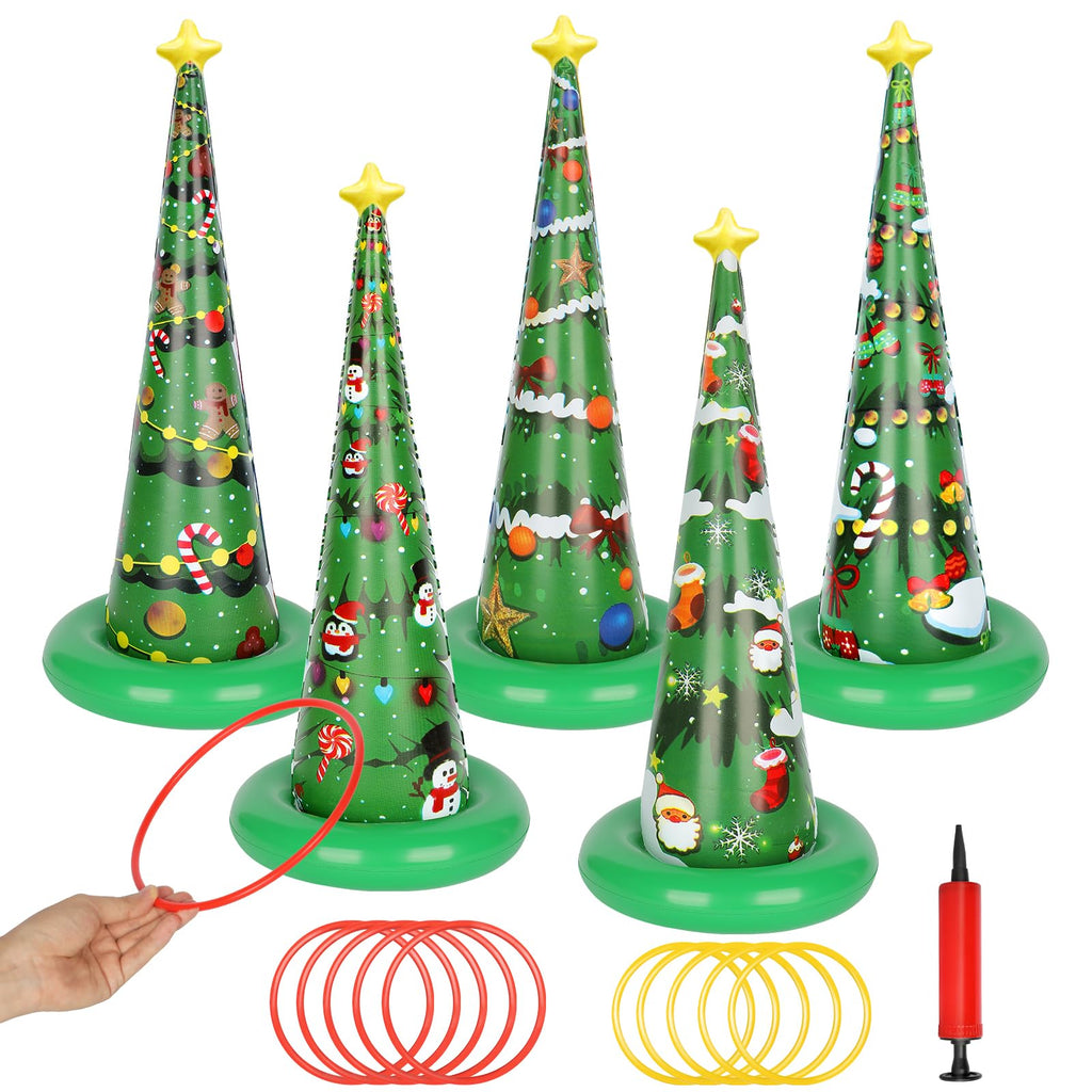 AZEWO 5 Pack Inflatable Christmas Tree Ring Toss Game, PVC Green Inflatable Christmas Tree Game for Indoor & Outdoor, 3+ Players