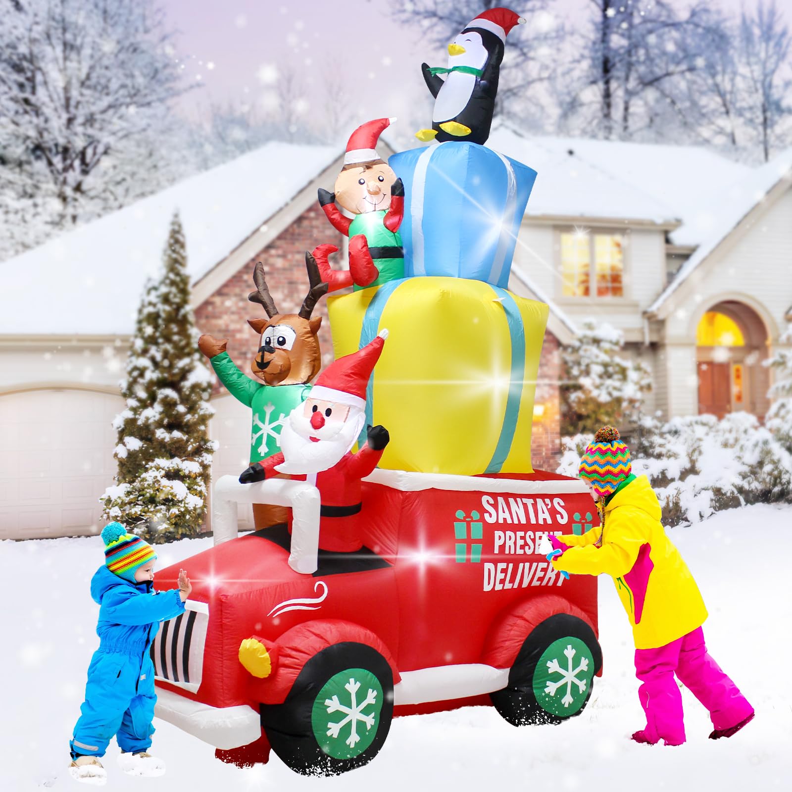9FT Christmas Car Inflatable Outdoor Decoration with LED Lights,Blow up Penguin Santa Deer Elf and Presents on The Car,Christmas Holiday Outdoor Indoor Lighted Decoration