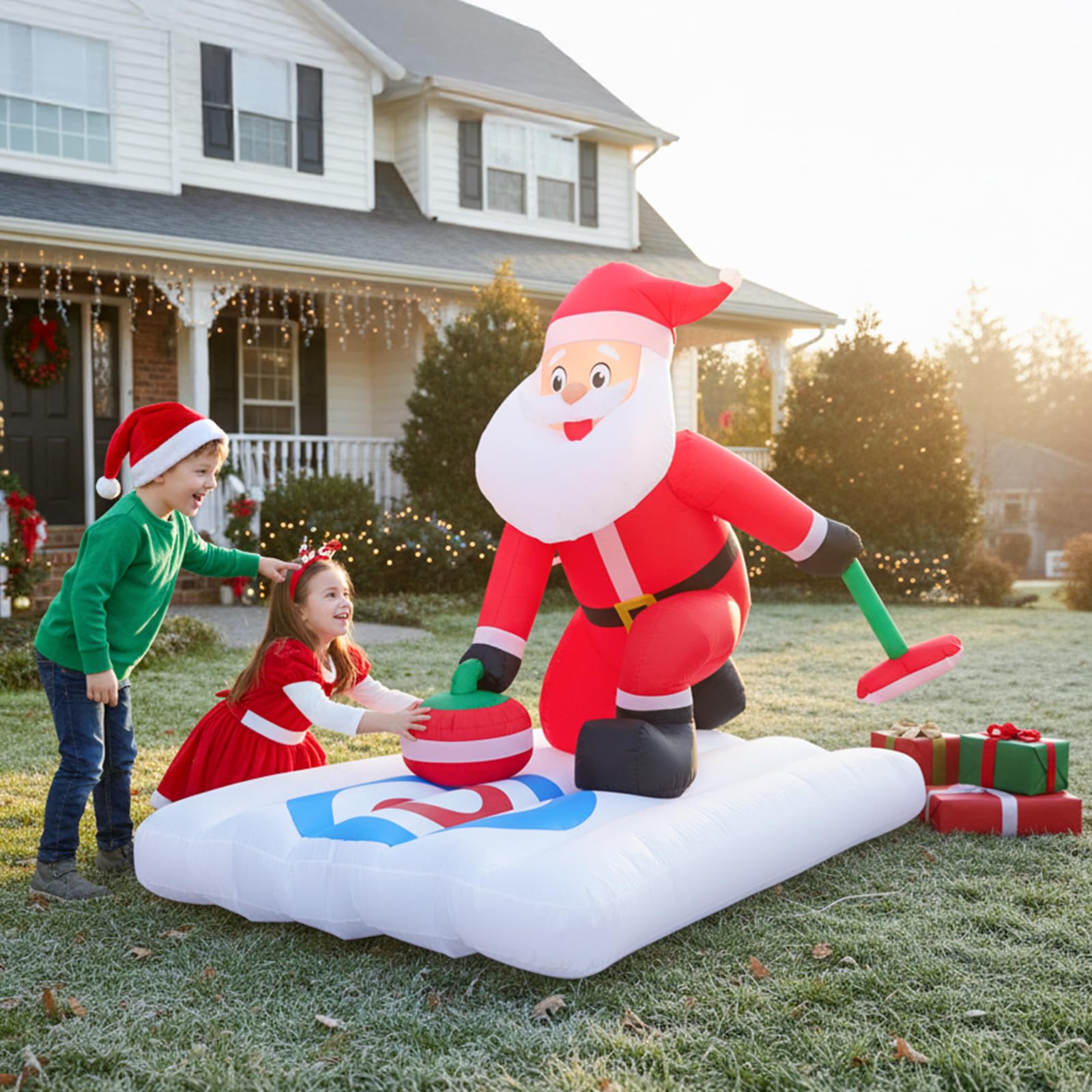 BLOOMWIN Christmas Inflatable Outdoor Decoration 7Ft x 6Ft Santa Claus Playing Curling with Built-in LED Lights, Blow Up Decorations for Yard Gardern Lawn Xmas Party Indoor Christmas Holiday
