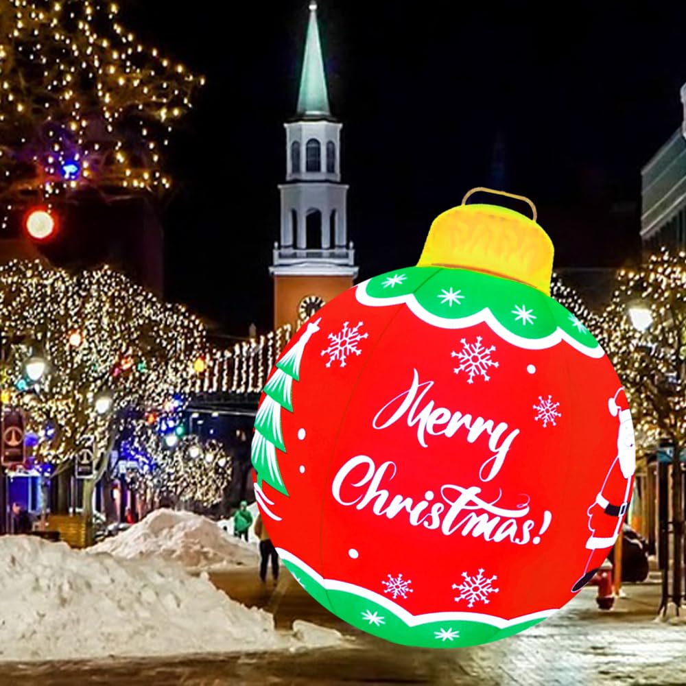 24 Inch Christmas Blow Up Inflatables PVC Light Ball for Home Yard Lawn Pool Decorations Festive Gift Large Outdoor Decorated Merry Christmas Giant Ball with Light and Remote(Red,24In)