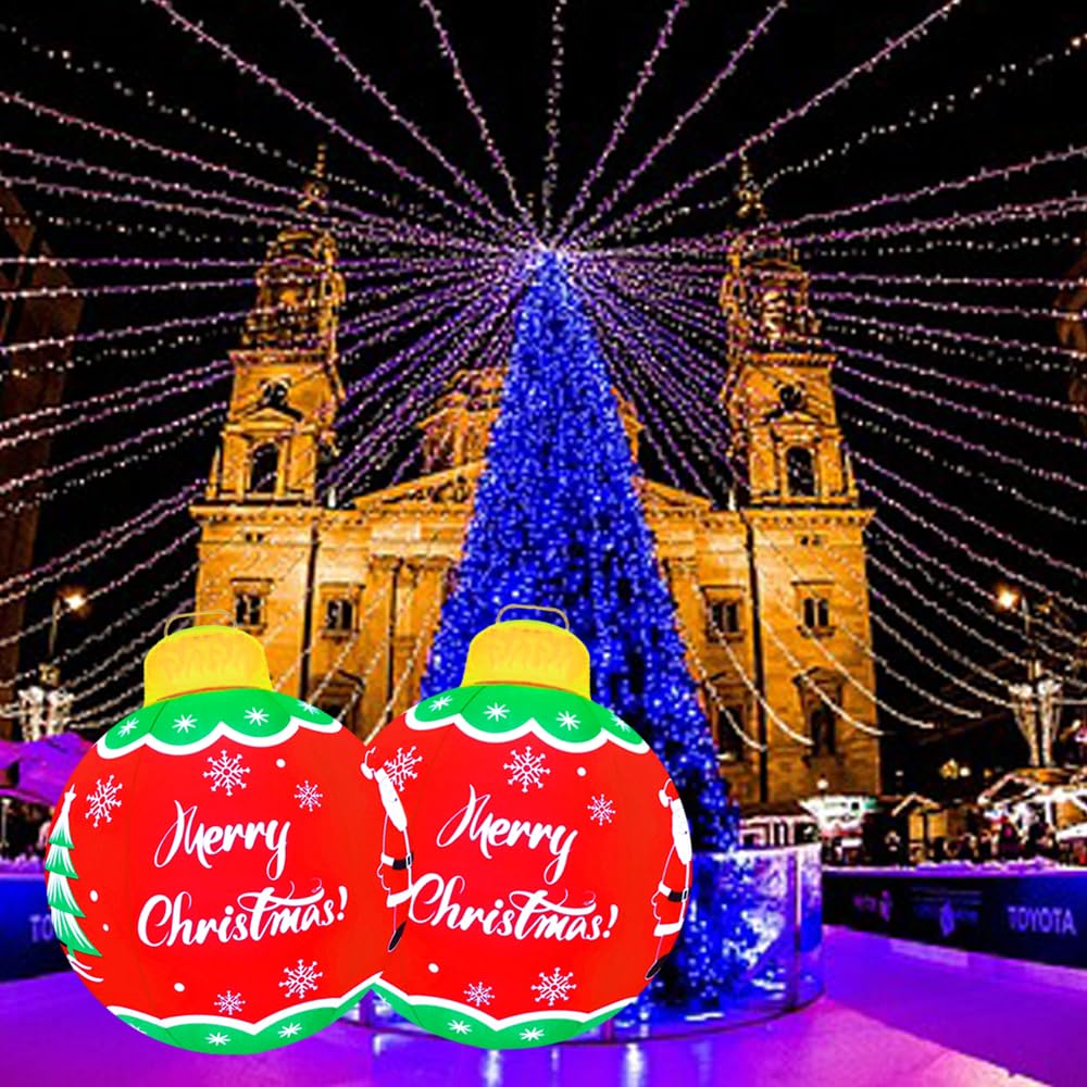 24 Inch Christmas Blow Up Inflatables PVC Light Ball for Home Yard Lawn Pool Decorations Festive Gift Large Outdoor Decorated Merry Christmas Giant Ball with Light and Remote(Red,24In)