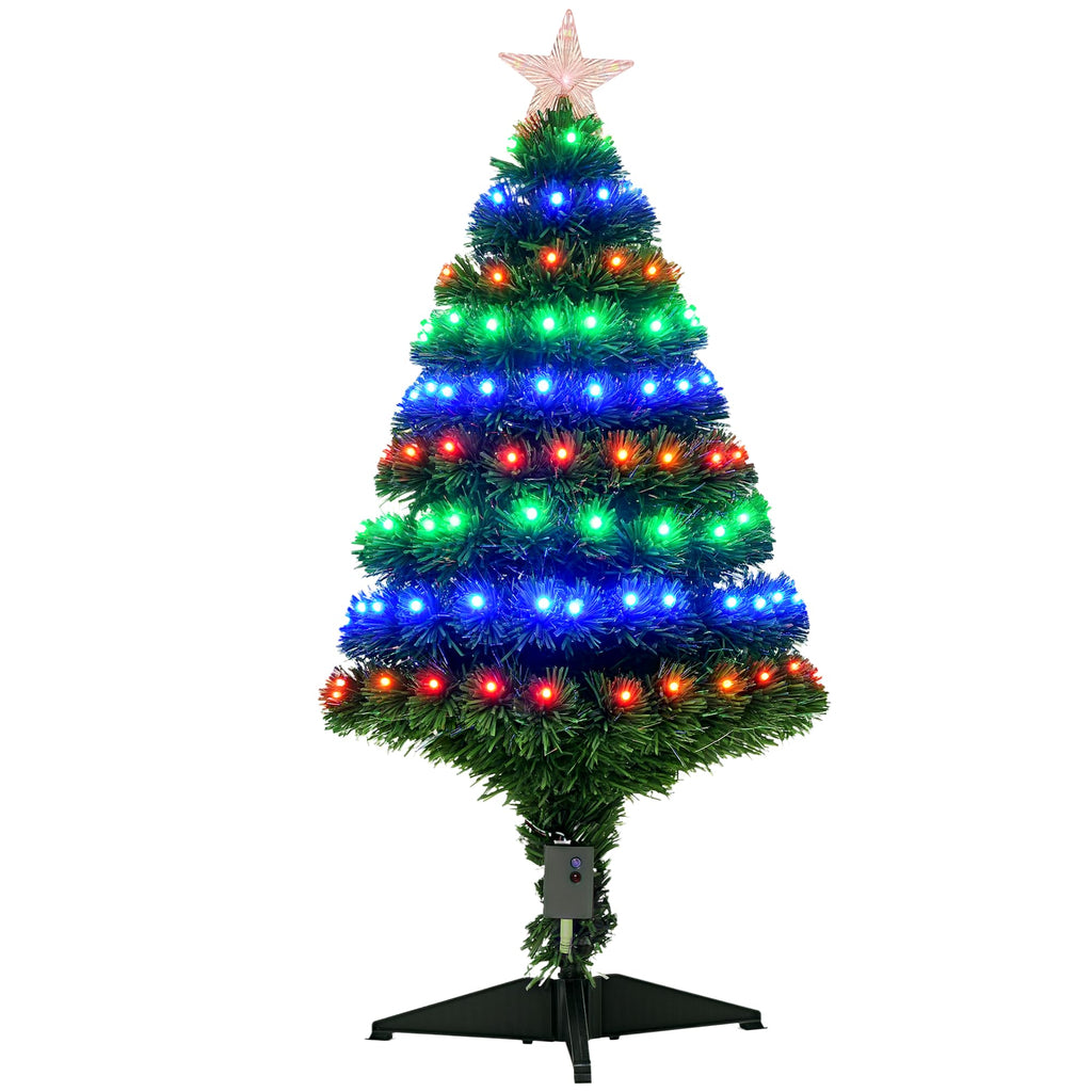 HOMCOM 3FT Prelit Artificial Christmas Tree, Holiday Decoration with Colourful LED Lights and Fiber Optics - Green