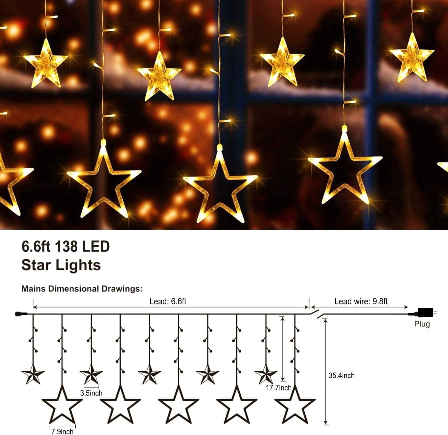 Quntis 138LEDs 12 Star Curtain Lights, Connectable 6.6ft Christmas Curtain Lights with 8 Flashing Mode, Led Curtain Lights for Indoor Outdoor Bedroom Window Diwali Christmas Decorations, Warm White