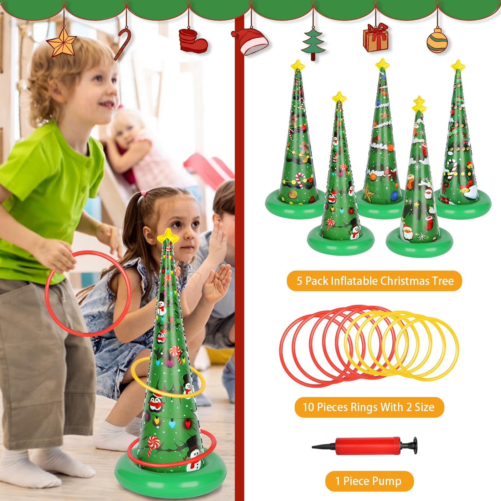 AZEWO 5 Pack Inflatable Christmas Tree Ring Toss Game, PVC Green Inflatable Christmas Tree Game for Indoor & Outdoor, 3+ Players