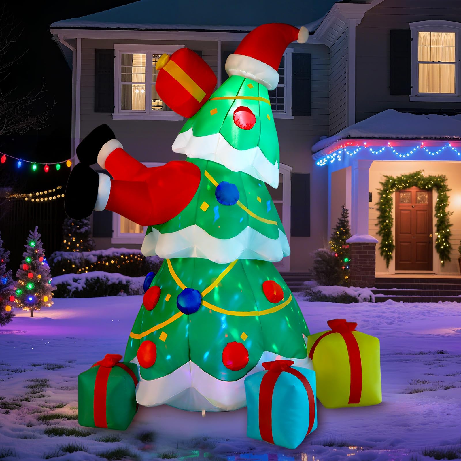 Alupssuc 7FT Inflatable Christmas Tree Decorations Outdoor with Built-in LEDs Lights, Blow Up Santa Claus Tree with 4 Gift Boxes Outside/Indoor Xmas for Yard, Garden, Lawn, Party, Holiday Decor