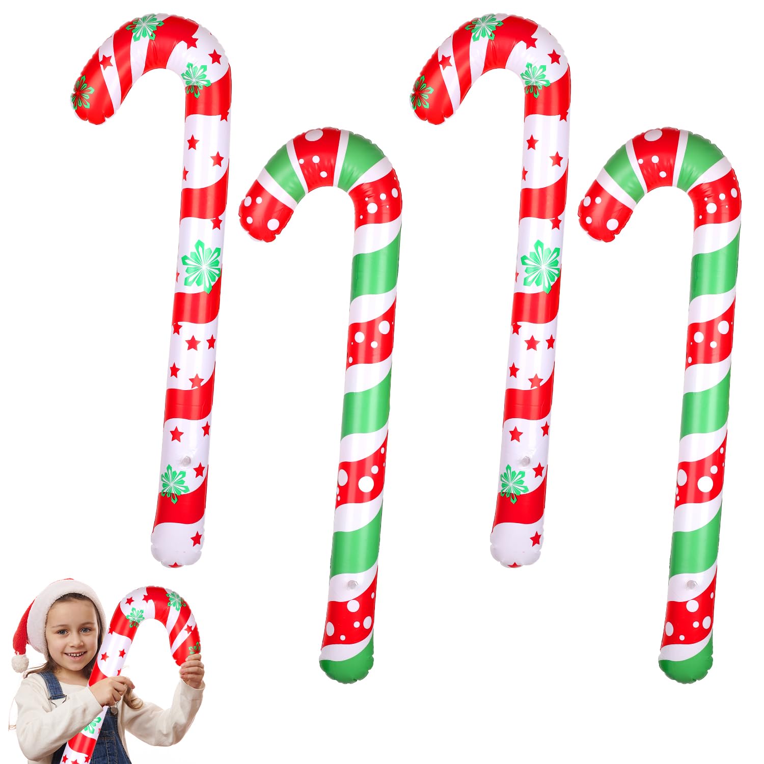 4pcs Inflatable Candy Canes, 34.6 Inch Giant Christmas Candy Canes Decorations Large Candy Cane Foil Balloons Ornaments Pool Floats for Indoor Outdoor Xmas Decors (Style 3)