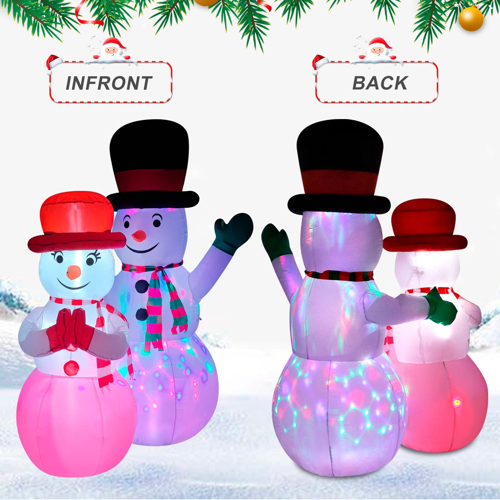 FirstE 7 FT Christmas Inflatables Snowman, Giant Christmas Blow Up Snowman Couple Built-in Rotating Colorful LED Light and Red Light, Wear Magic Hats and Striped Scarfs, Decor for Indoor, Yard, Lawn