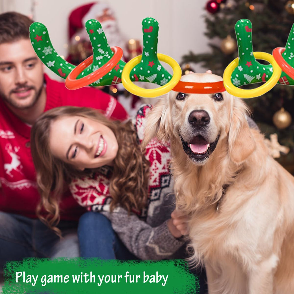 2 Set Inflatable Reindeer Antler Ring Toss Game, 2025 Christmas Party Games for Family, Xmas Party Antler Hat Games for Indoor Outdoor (2 Antlers 8 Rings 1 Pump)