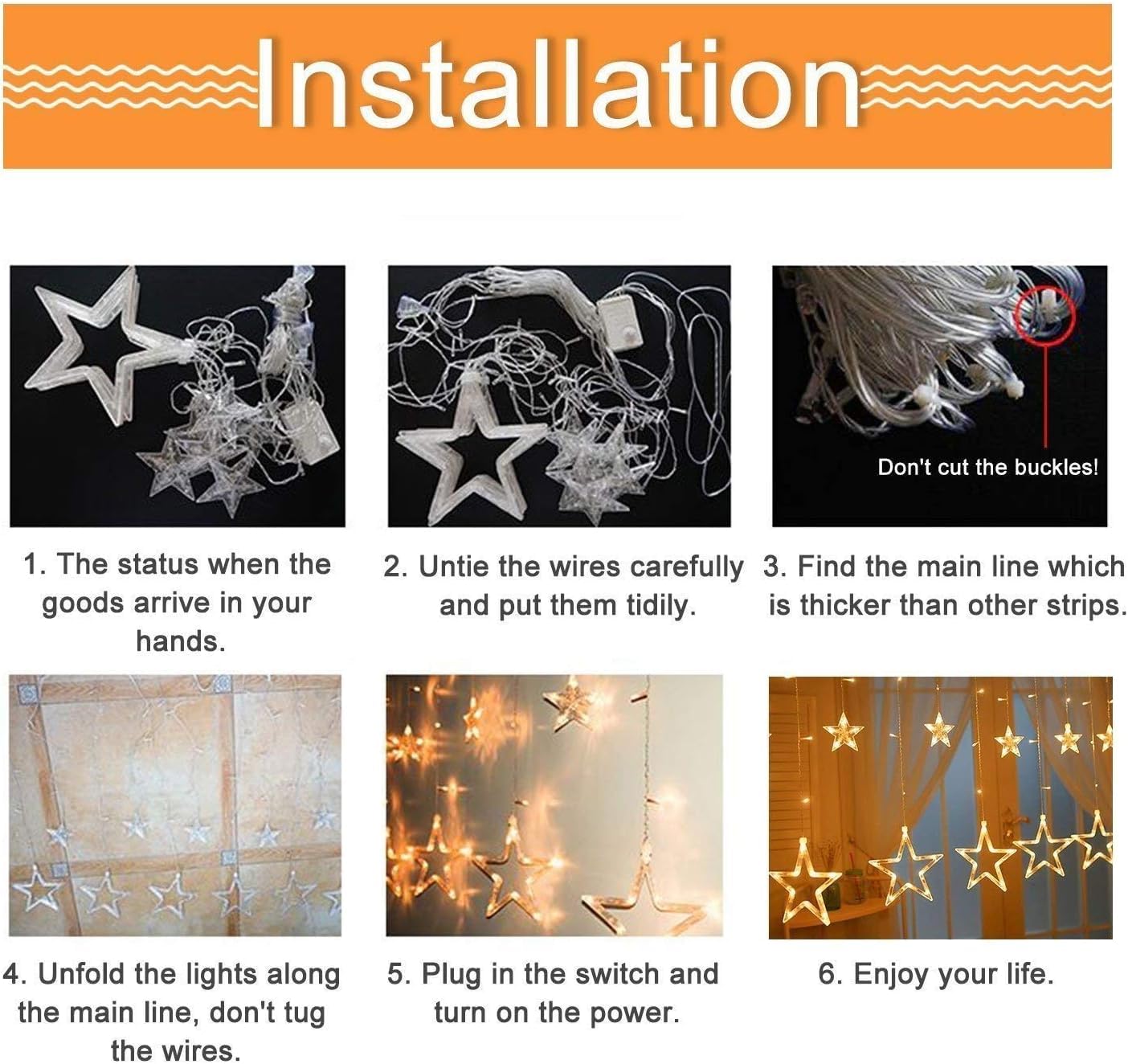 Quntis 138LEDs 12 Star Curtain Lights, Connectable 6.6ft Christmas Curtain Lights with 8 Flashing Mode, Led Curtain Lights for Indoor Outdoor Bedroom Window Diwali Christmas Decorations, Warm White