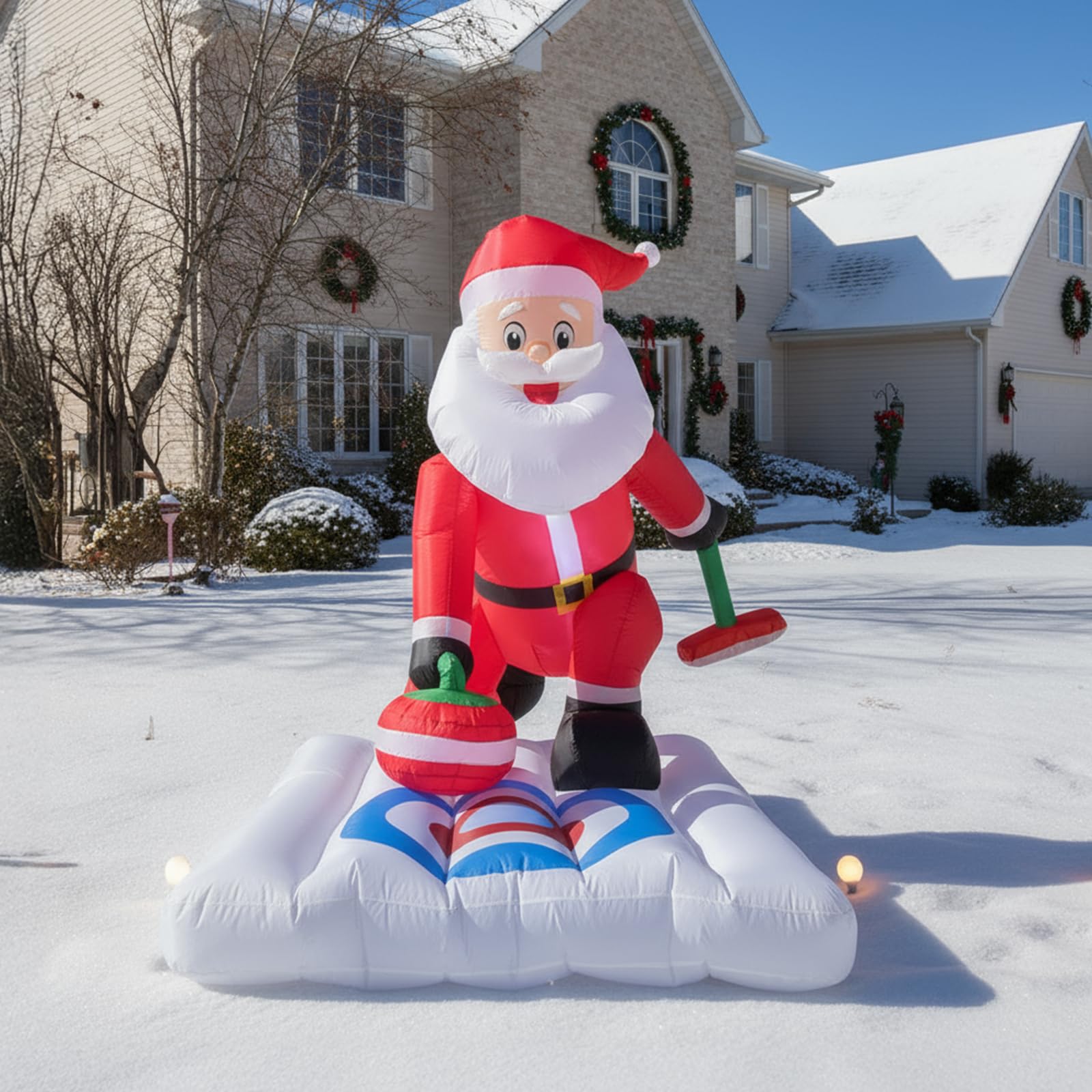 BLOOMWIN Christmas Inflatable Outdoor Decoration 7Ft x 6Ft Santa Claus Playing Curling with Built-in LED Lights, Blow Up Decorations for Yard Gardern Lawn Xmas Party Indoor Christmas Holiday