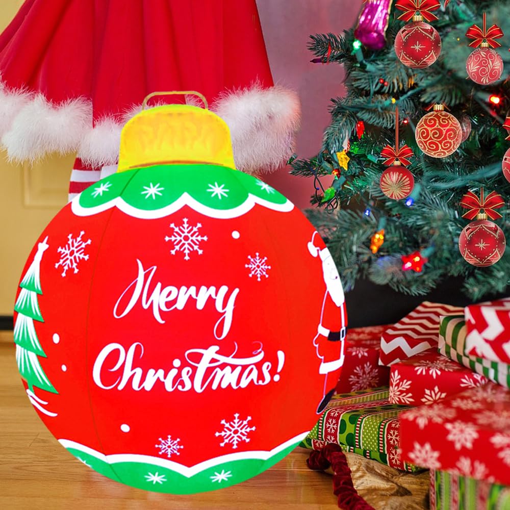 24 Inch Christmas Blow Up Inflatables PVC Light Ball for Home Yard Lawn Pool Decorations Festive Gift Large Outdoor Decorated Merry Christmas Giant Ball with Light and Remote(Red,24In)