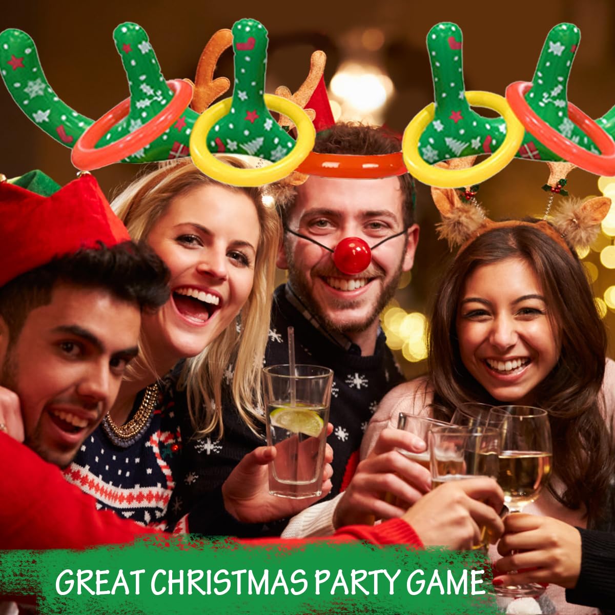 2 Set Inflatable Reindeer Antler Ring Toss Game, 2025 Christmas Party Games for Family, Xmas Party Antler Hat Games for Indoor Outdoor (2 Antlers 8 Rings 1 Pump)