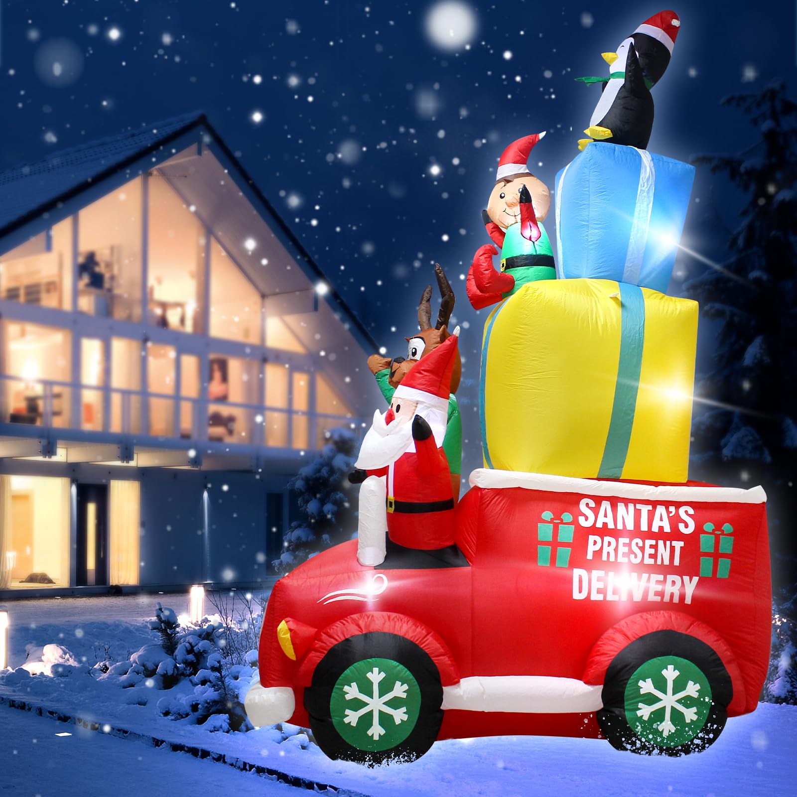 9FT Christmas Car Inflatable Outdoor Decoration with LED Lights,Blow up Penguin Santa Deer Elf and Presents on The Car,Christmas Holiday Outdoor Indoor Lighted Decoration