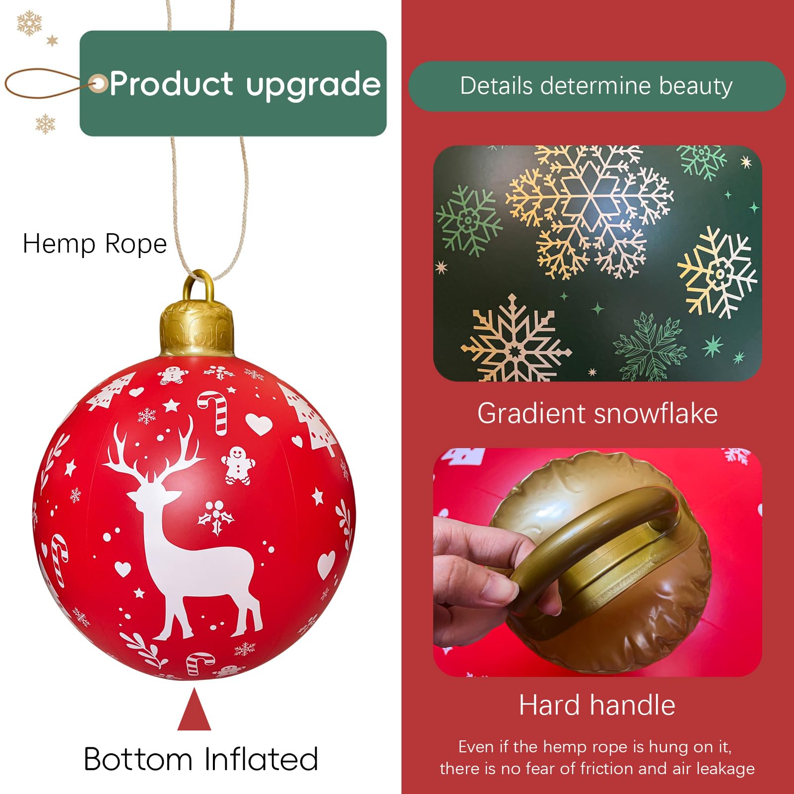 2Pcs Inflatable Christmas Balls, Outdoor Christmas Decorations with Rope, Xmas Decorations, Christmas Inflatables for Outside Indoor Holiday Yard Lawn Pool Decor, 24 Inch