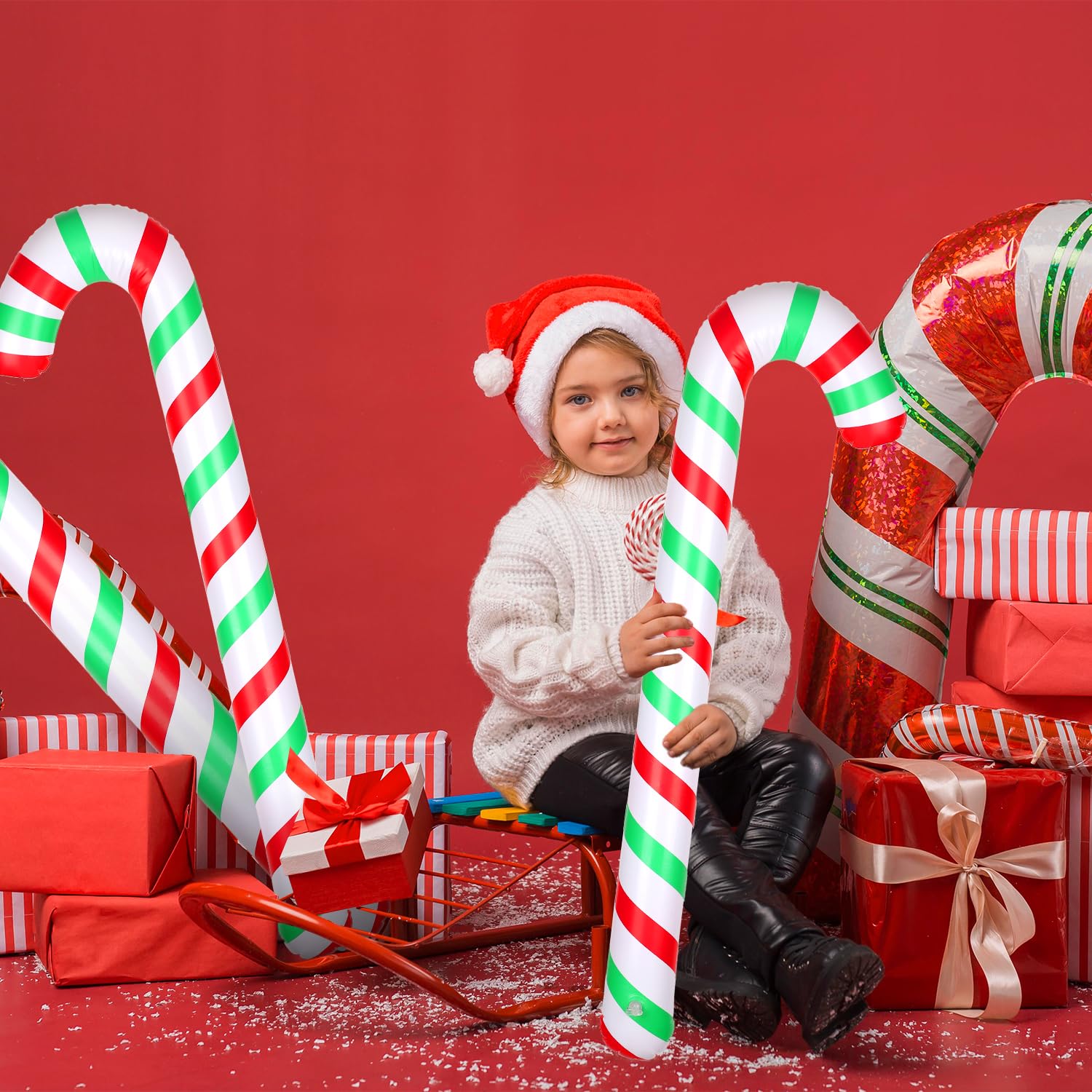 4pcs Inflatable Candy Canes, 34.6 Inch Christmas Candy Canes Decorations Large Candy Cane Balloons Pool Floats for Indoor Outdoor Xmas Decors (Style 1)