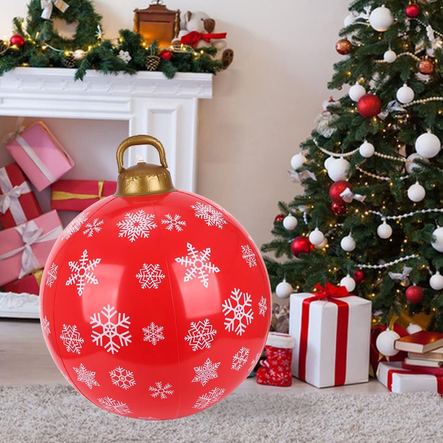 24 Inch Christmas Inflatable Ball Christmas Blow Up Ball Ornaments Large Snowflake Christmas Balls Decoration Xmas Balls for Christmas Party Gift Holiday Outdoor Yard Festival Decor