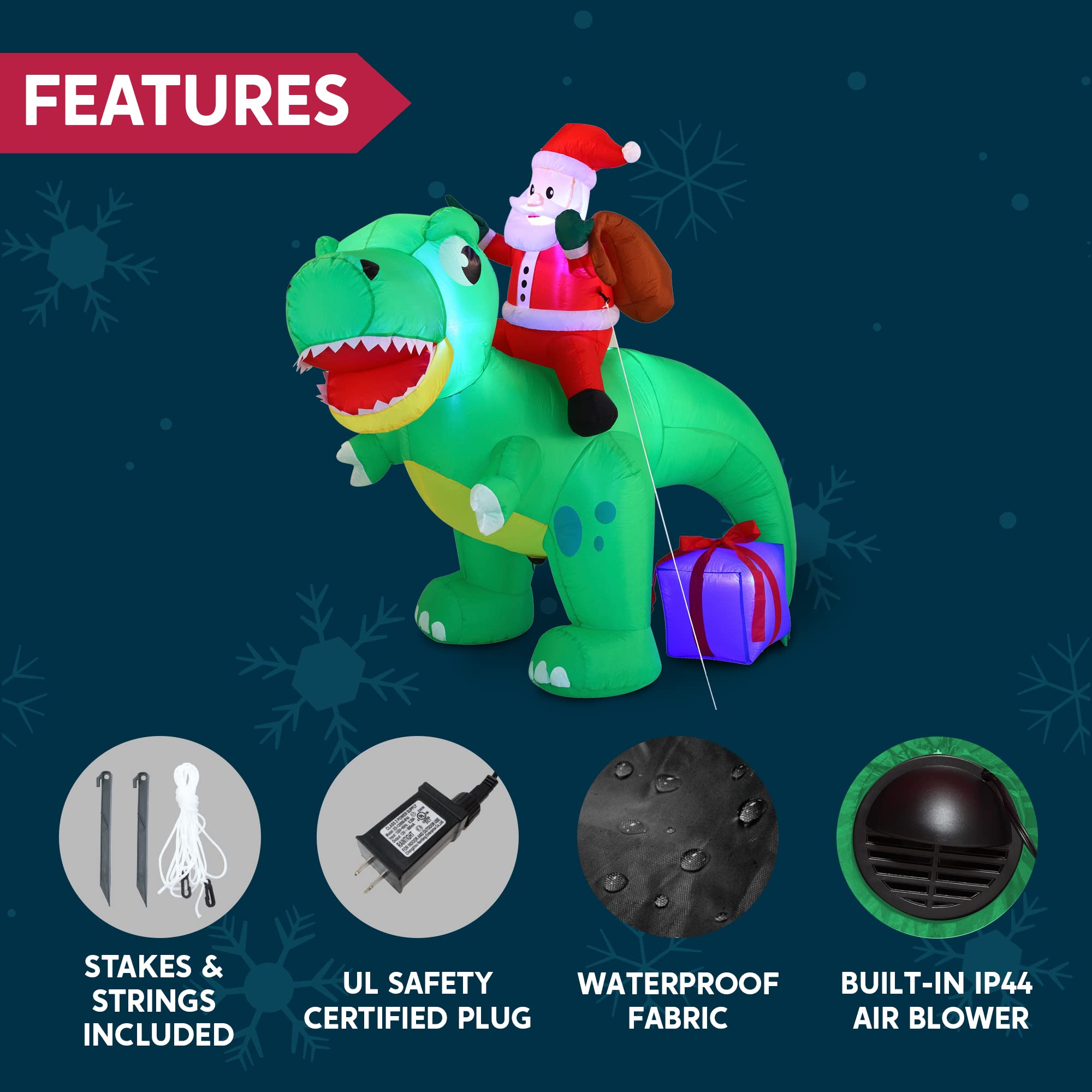 Joiedomi 6 FT Christmas Inflatable Dinosaur with Build-in LEDs, Blow Up Dinosaur with Santa for Christmas Inflatable Outdoor Decoration Xmas Party Indoor, Outdoor, Yard, Garden, Lawn Winter Décor