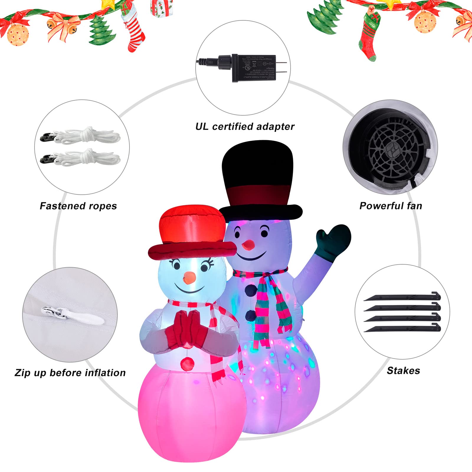 FirstE 7 FT Christmas Inflatables Snowman, Giant Christmas Blow Up Snowman Couple Built-in Rotating Colorful LED Light and Red Light, Wear Magic Hats and Striped Scarfs, Decor for Indoor, Yard, Lawn