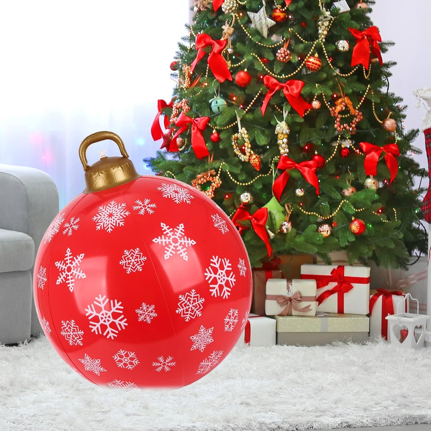 24 Inch Christmas Inflatable Ball Christmas Blow Up Ball Ornaments Large Snowflake Christmas Balls Decoration Xmas Balls for Christmas Party Gift Holiday Outdoor Yard Festival Decor