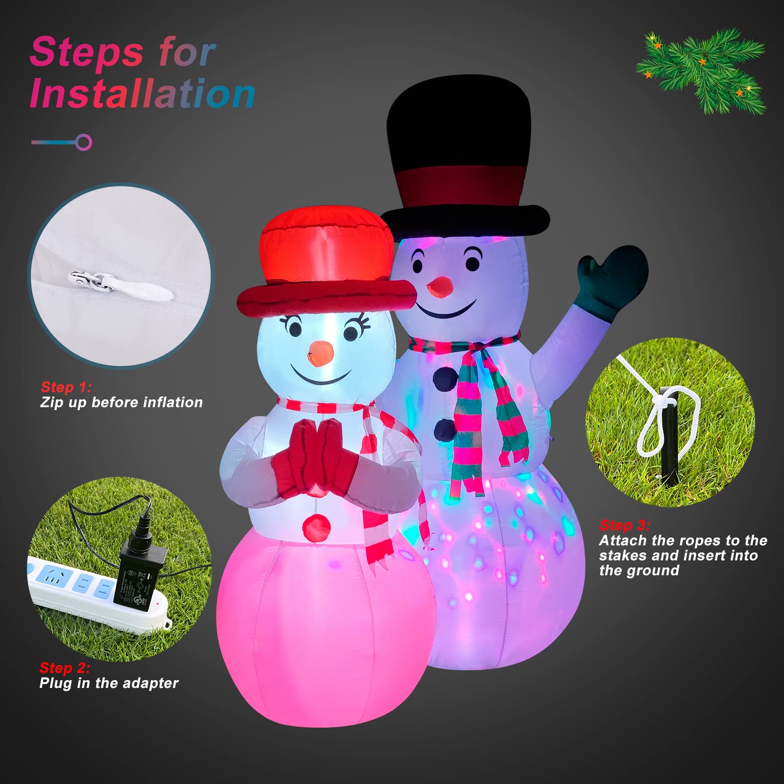 FirstE 7 FT Christmas Inflatables Snowman, Giant Christmas Blow Up Snowman Couple Built-in Rotating Colorful LED Light and Red Light, Wear Magic Hats and Striped Scarfs, Decor for Indoor, Yard, Lawn