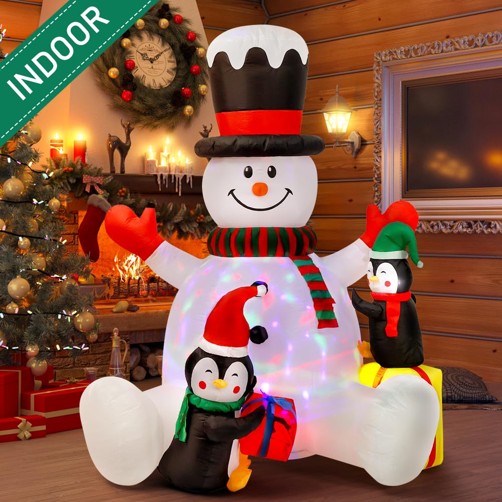 Ceuku 7Ft Christmas Inflatables Outdoor Decorations Inflatable Snowman with Penguins, Gift Box, LED Lights, Blow Up Xmas Holiday Party Decor for Outdoor Indoor House Yard Lawn Garden Decoration