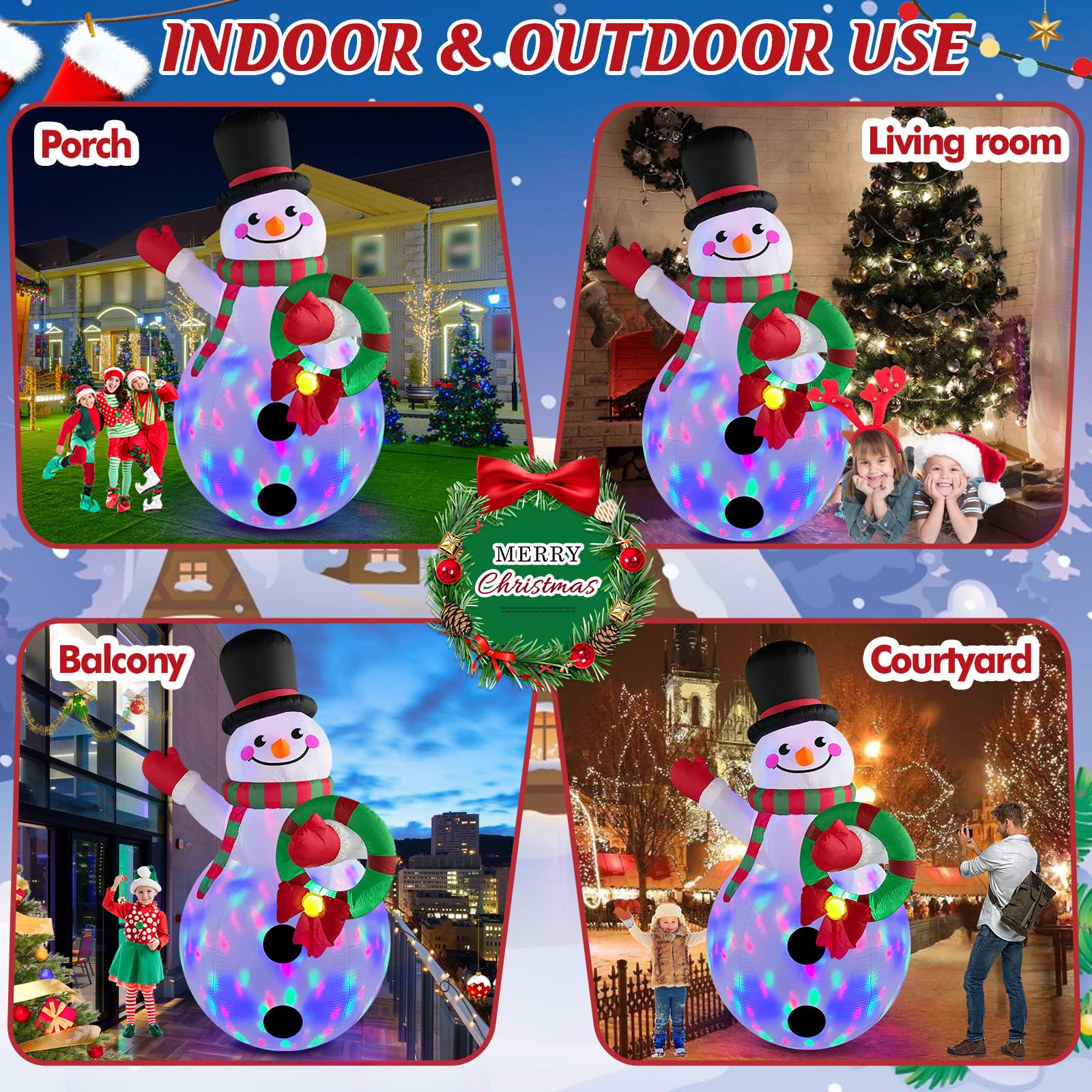 Danxilu 8 FT Christmas Inflatable Snowman with Colorful Rotating Led Lights Outdoor Yard Decorations, Blow up Snowman with Wreath and Cheerful Waving Xmas Decor for Garden Lawn Porch Holiday Party