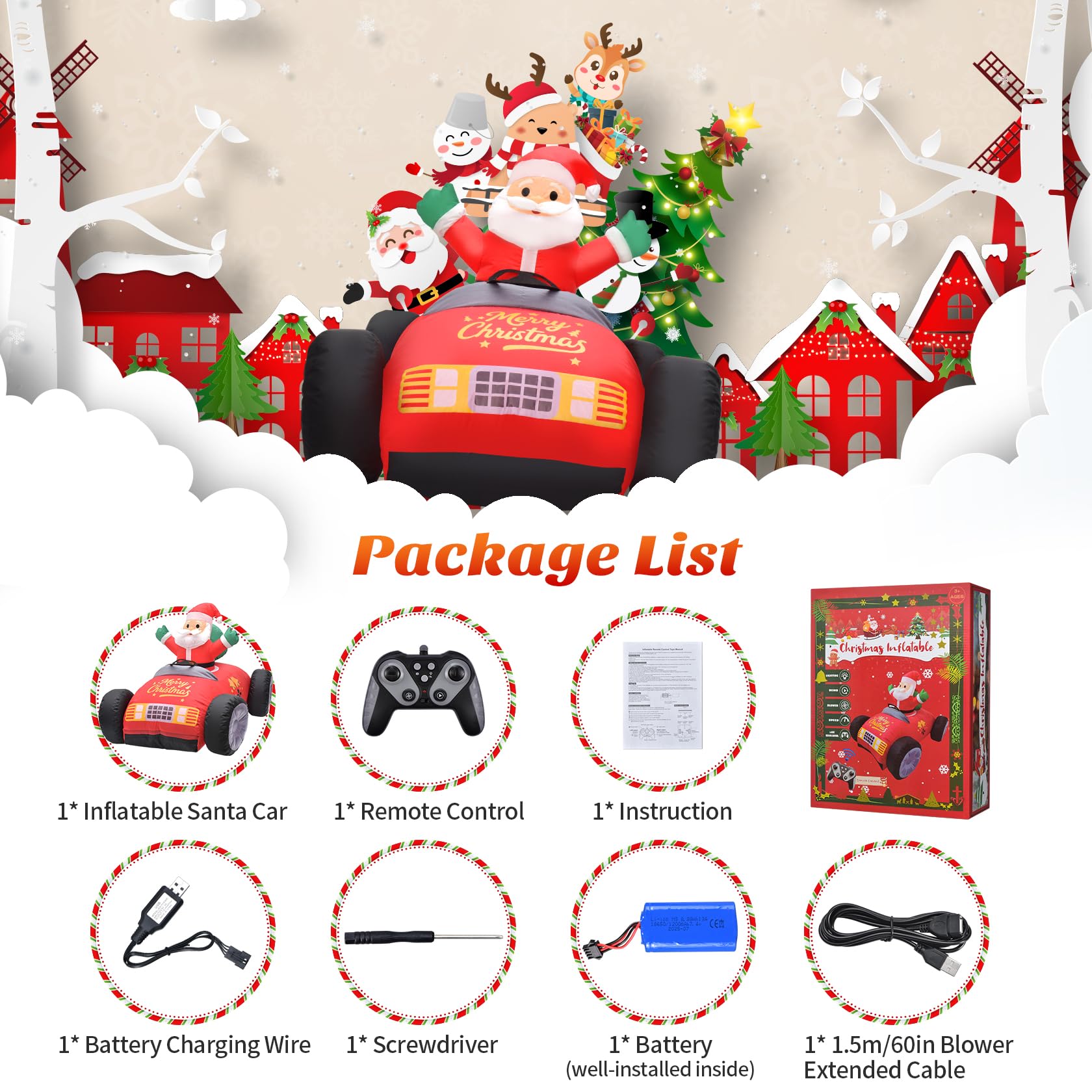 KLYLOP Remote Control Car Toys for Kids, Christmas Inflatables Outdoor with Auto Inflate, 3.5FT Christmas Decor Santa Car with Auto-Pilot Mode, Xmas Decor with LED & BGM for Indoor, Yard, Porch, Party
