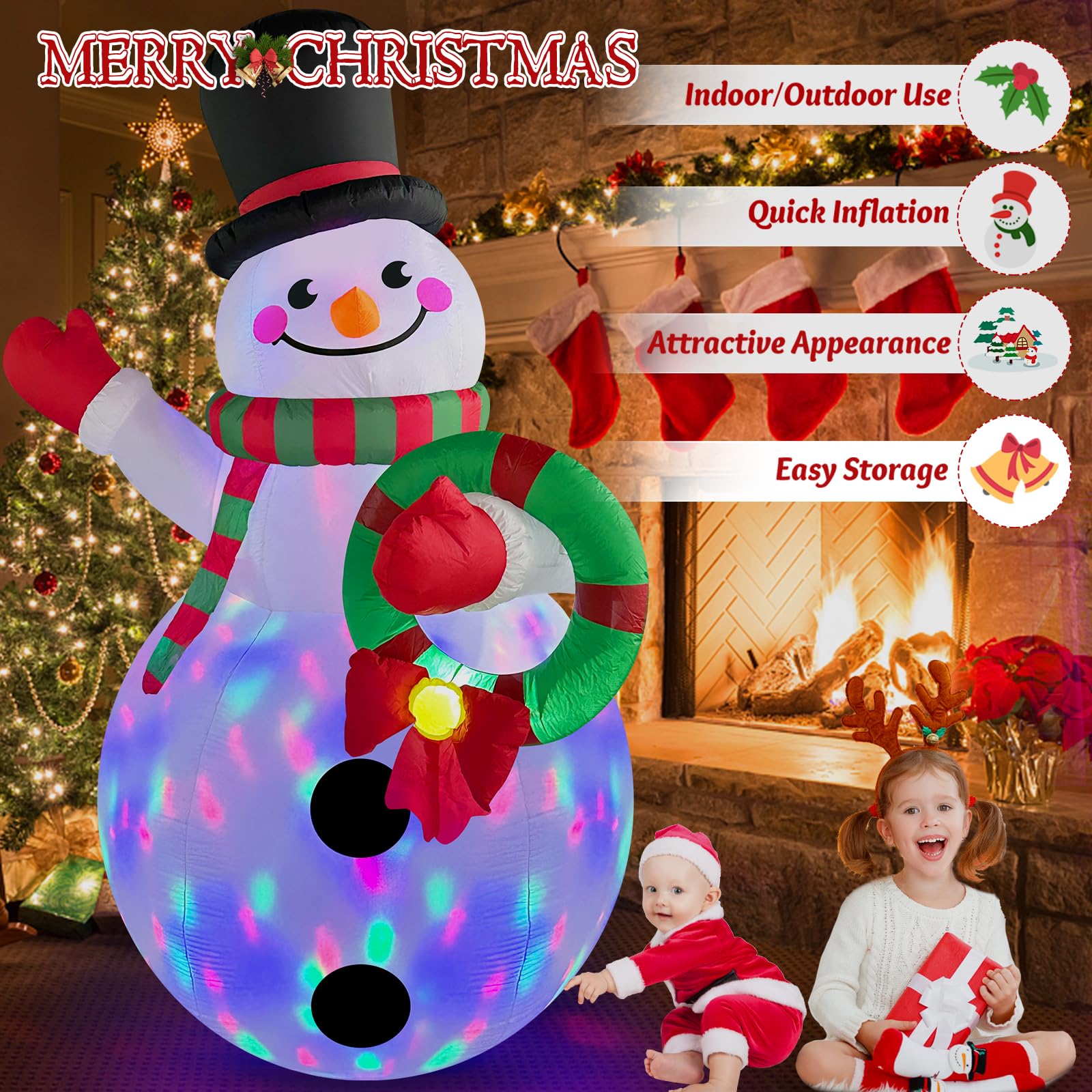 Danxilu 8 FT Christmas Inflatable Snowman with Colorful Rotating Led Lights Outdoor Yard Decorations, Blow up Snowman with Wreath and Cheerful Waving Xmas Decor for Garden Lawn Porch Holiday Party