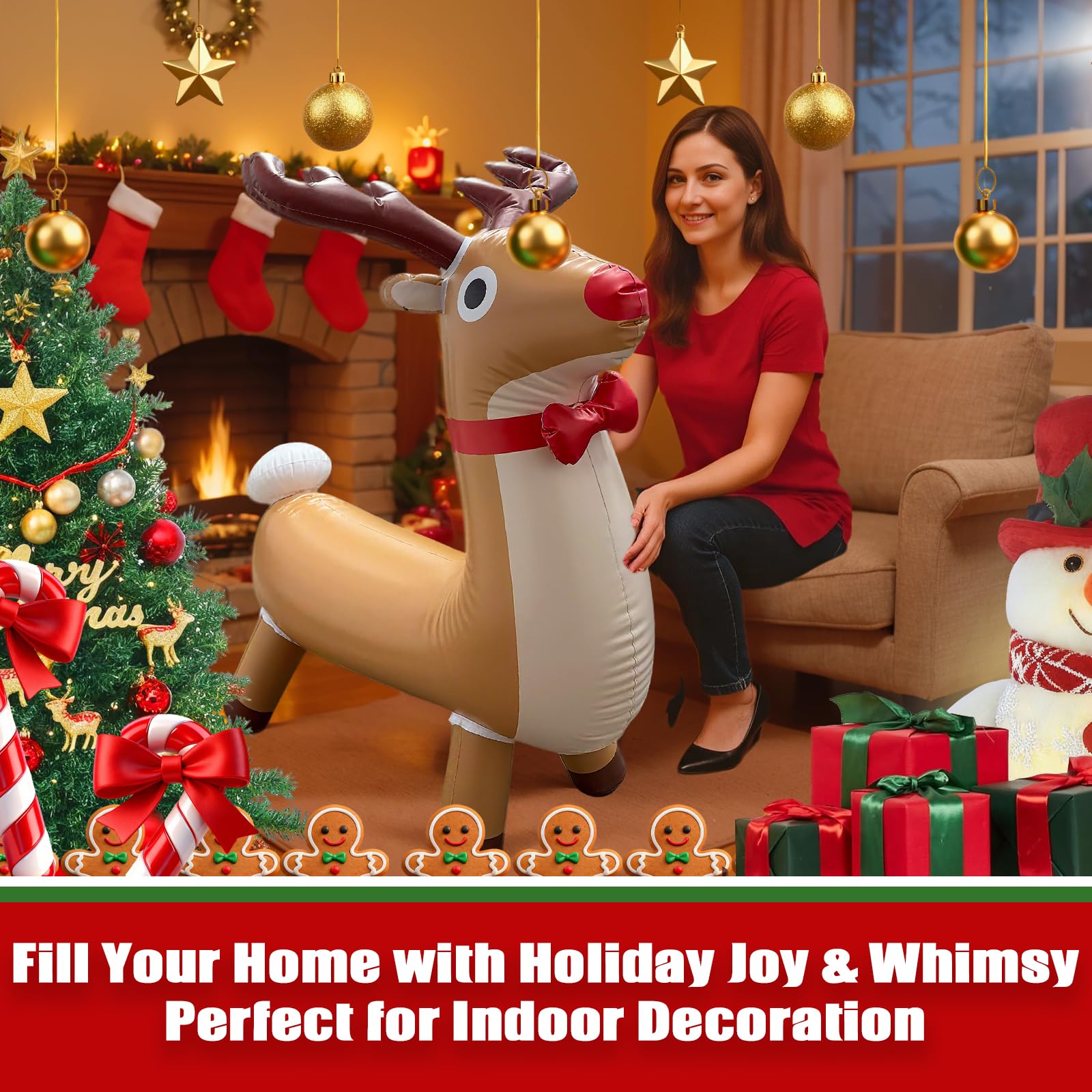 Christmas Inflatable Reindeer, Thickness PVC Blow up Funny Ornament for Outdoor/Indoor Holiday Decoration Xmas Decor Garden, Yard, Lawn, Party