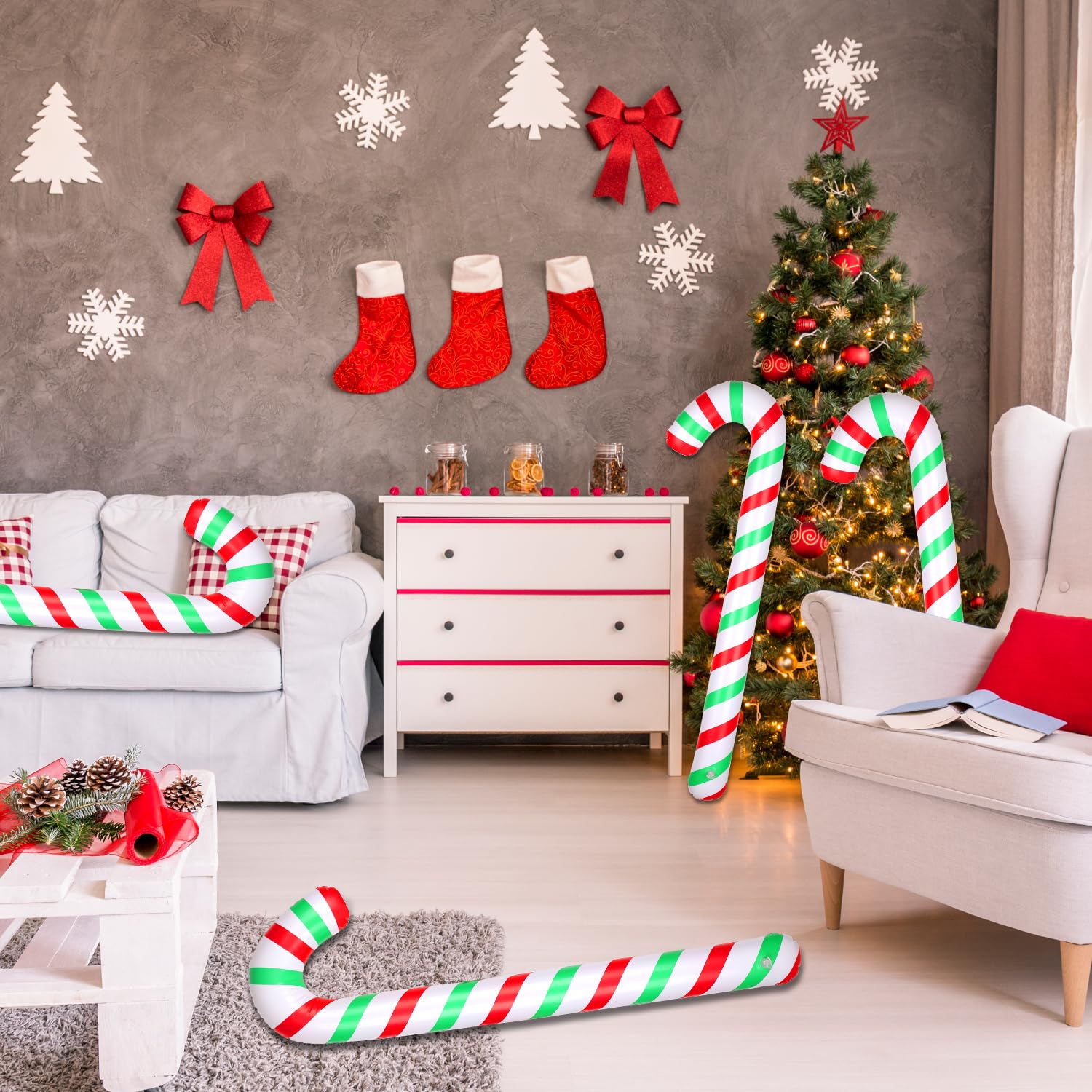 4pcs Inflatable Candy Canes, 34.6 Inch Christmas Candy Canes Decorations Large Candy Cane Balloons Pool Floats for Indoor Outdoor Xmas Decors (Style 1)