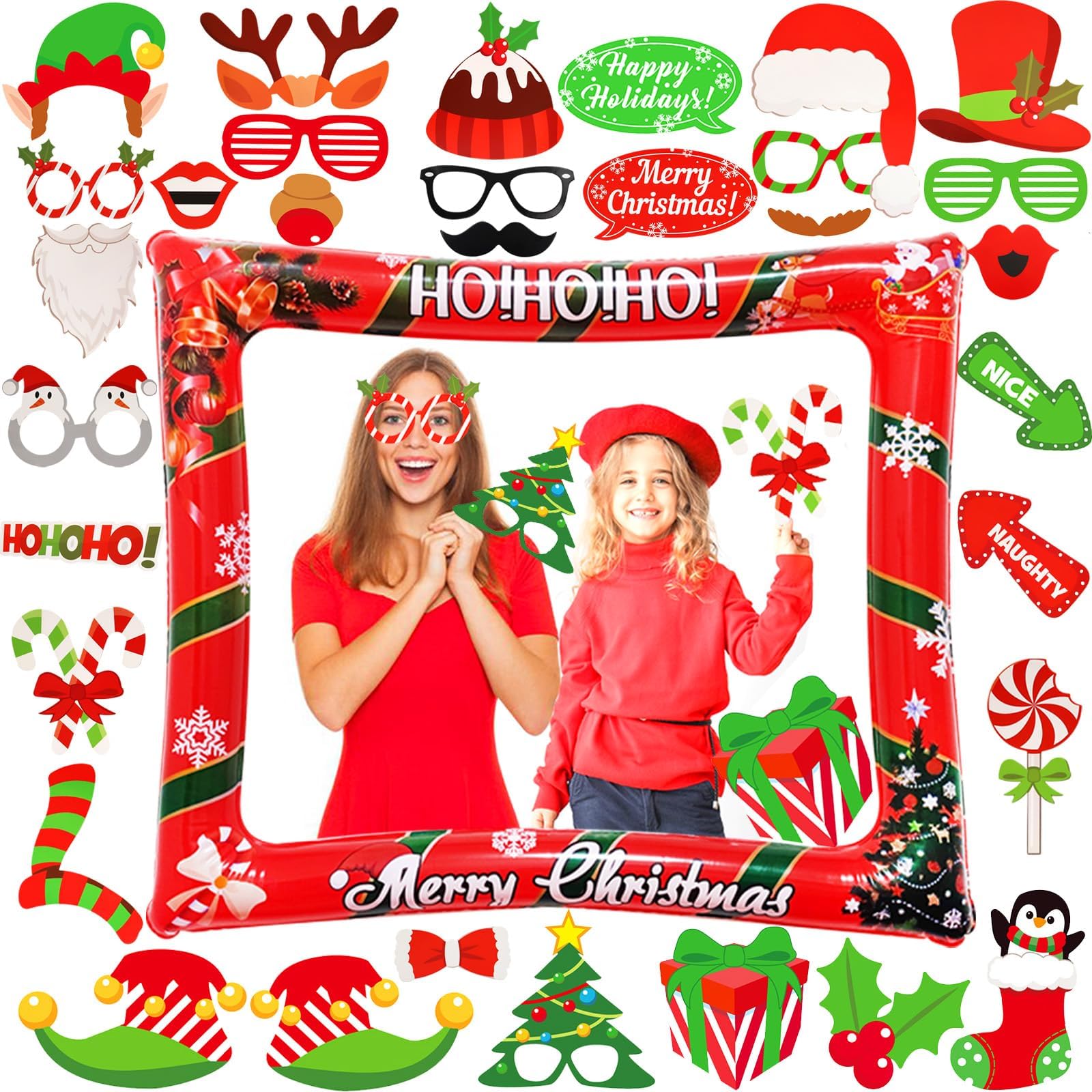 Christmas Party Photo Booth Props Frame, Christmas Inflatable Selfie Photo Frame with 32 PCS Funny Christmas Photo Booth Props for Christmas Party Decoration Supplies（Red）