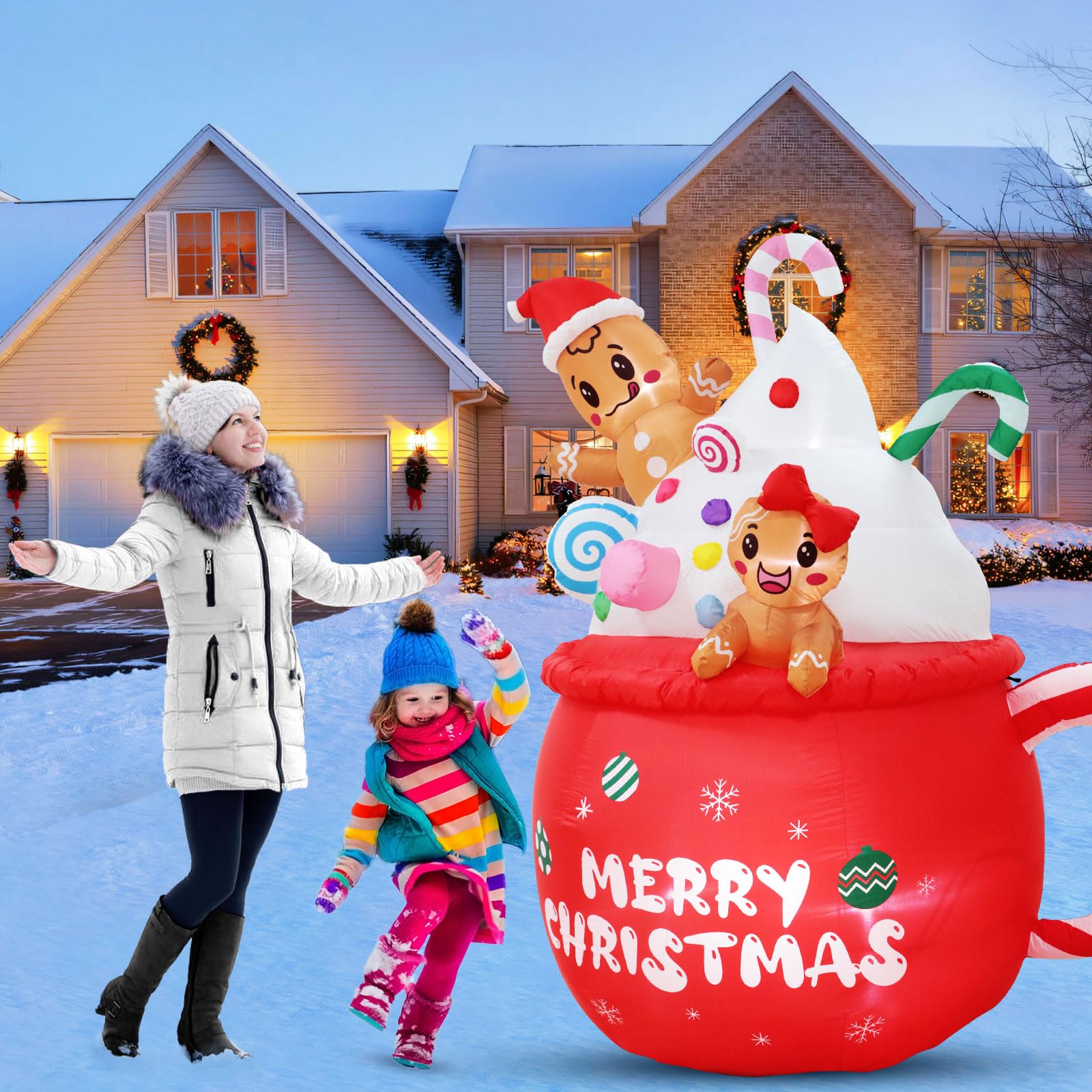 Christmas Inflatable Outdoor Decorations 6FT Gingerbread Inflatables Christmas Blow Up Gingerbread Man Hot Cocoa Mug Candy Cane Yard Decor with Led Lights Xmas Holiday Garden Lawn Outside Decor