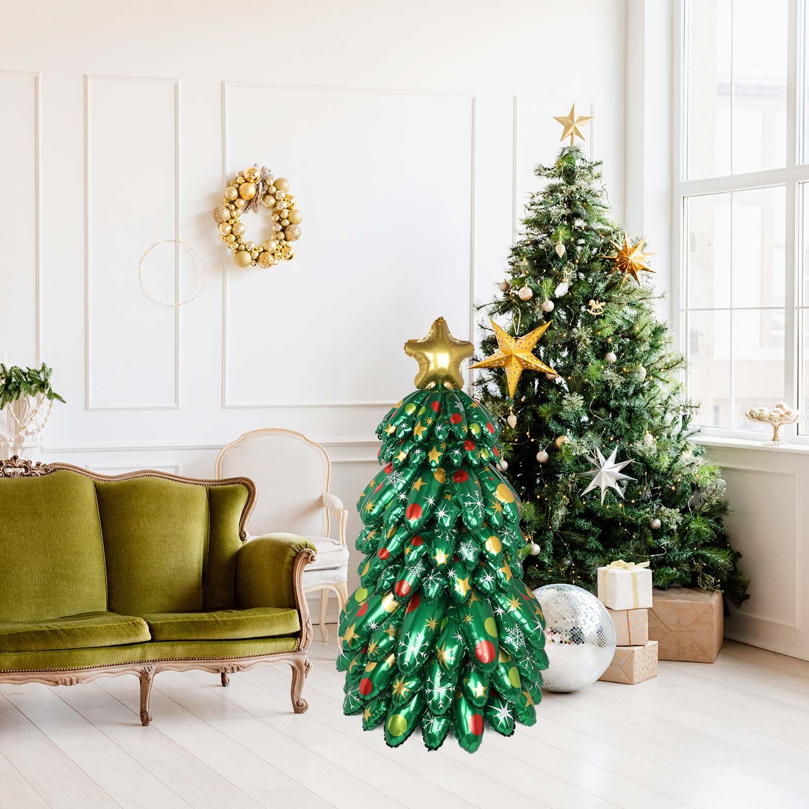 Inflatable Christmas Tree, 130cm/4.3ft Blow UP Christmas Tree Outdoor Decoration Holiday Foil Balloons for Xmas Holiday Party Patio Lawn Garden Home Decor Photo Prop