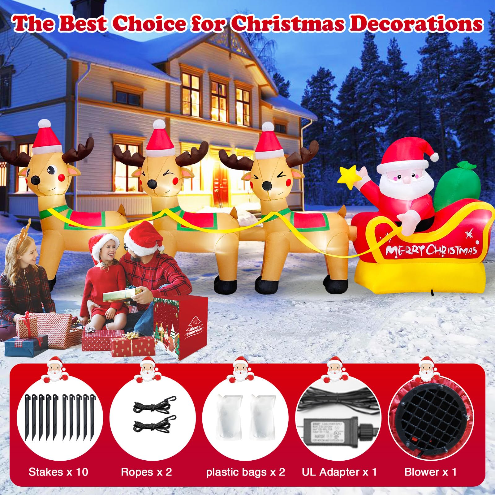 10 FT Long Chrismas Inflatable Santa Claus On Sleigh Pulled by 3 Reindeers Outdoor Decorations, Blow Up Yard Decoration Build in LEDs Lighted for Xmas Holiday Garden Lawn Patio Roof Décor