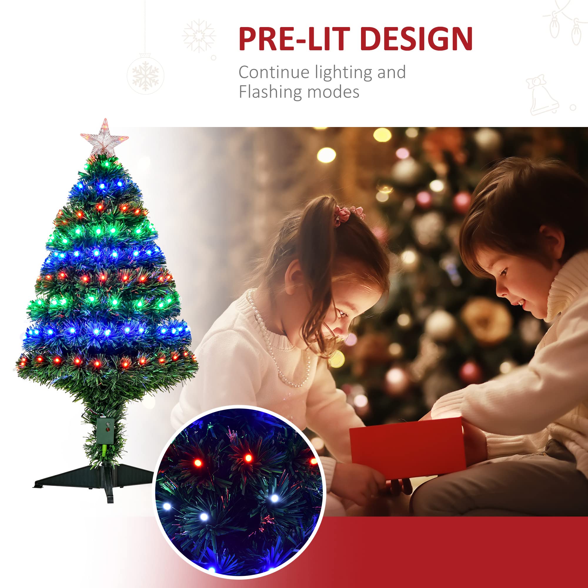 HOMCOM 3FT Prelit Artificial Christmas Tree, Holiday Decoration with Colourful LED Lights and Fiber Optics - Green